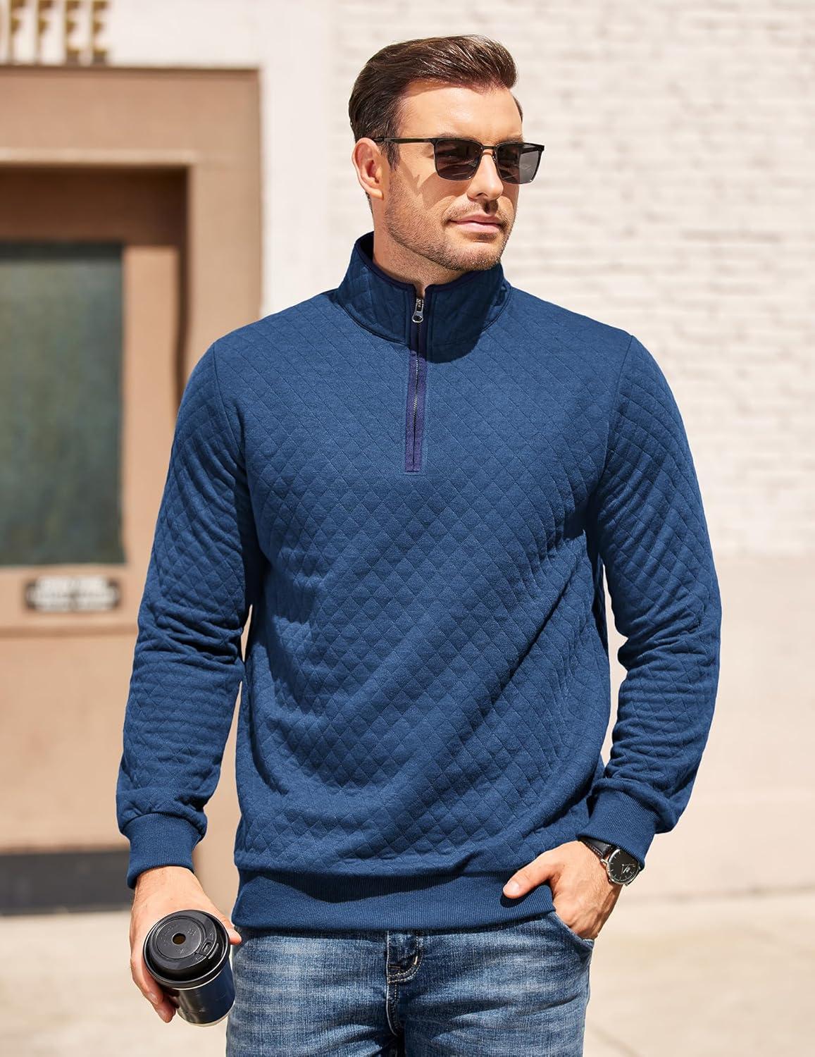 imageCOOFANDY Mens Quarter Zip Pullover Mock Neck Quilted Sweatshirt Casual Long Sleeve Polo SweaterBlue