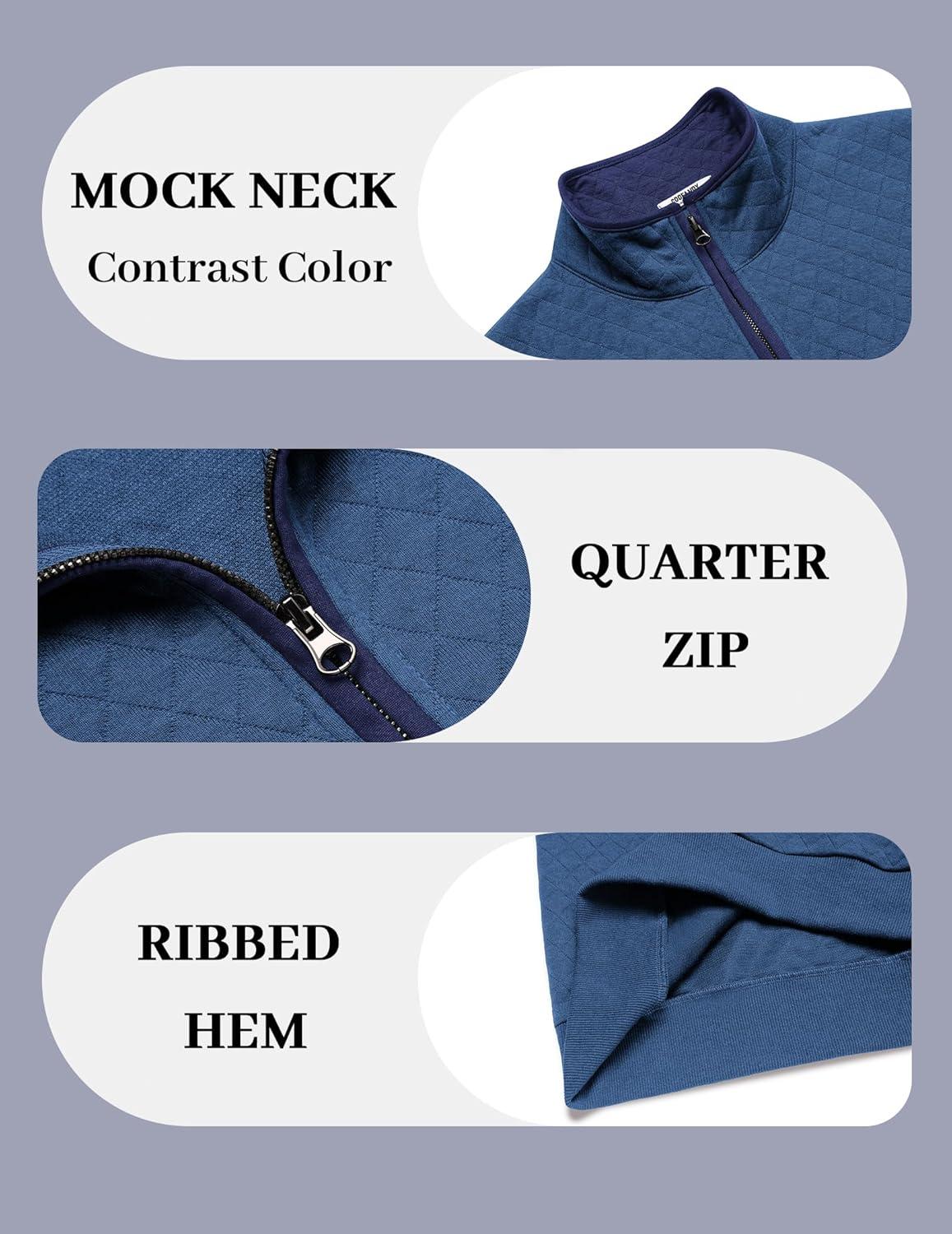 imageCOOFANDY Mens Quarter Zip Pullover Mock Neck Quilted Sweatshirt Casual Long Sleeve Polo SweaterBlue