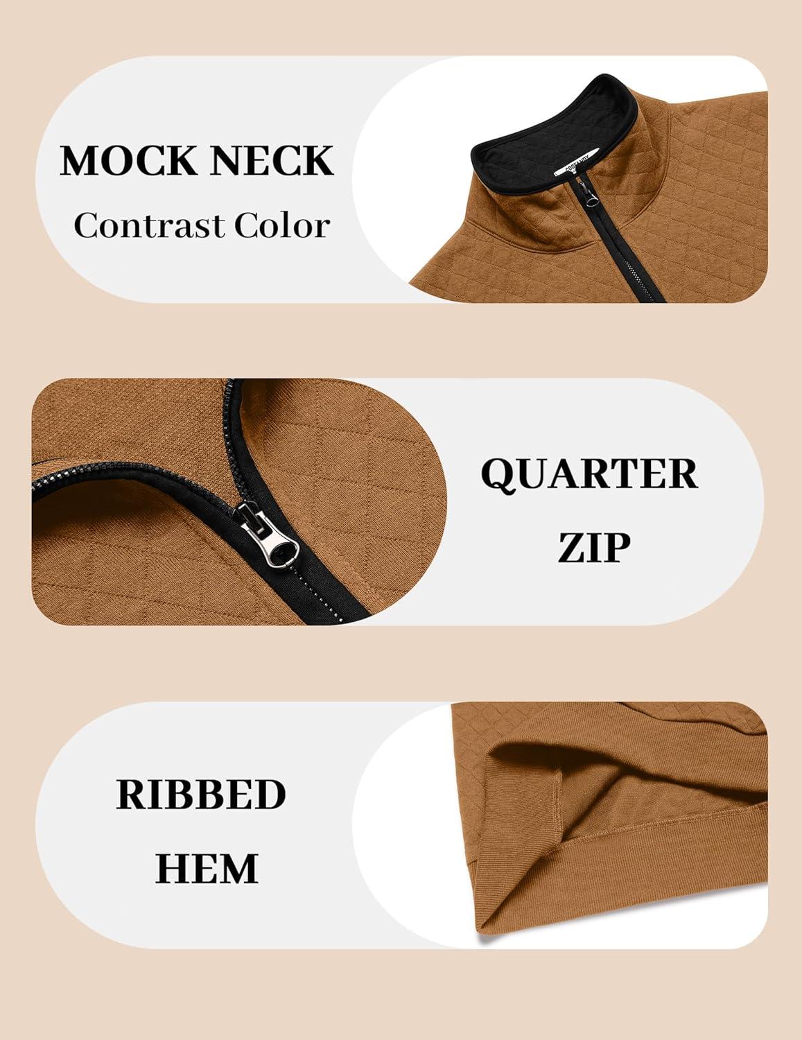 imageCOOFANDY Mens Quarter Zip Pullover Mock Neck Quilted Sweatshirt Casual Long Sleeve Polo SweaterBrown