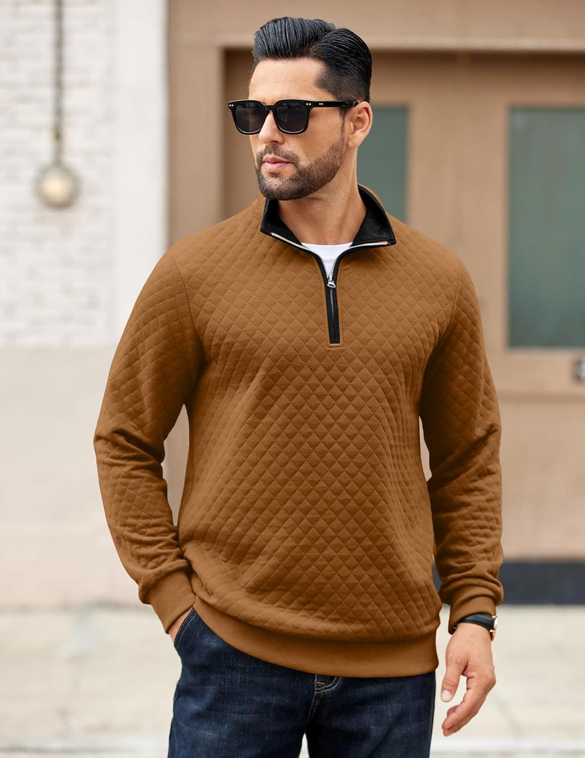 imageCOOFANDY Mens Quarter Zip Pullover Mock Neck Quilted Sweatshirt Casual Long Sleeve Polo SweaterBrown