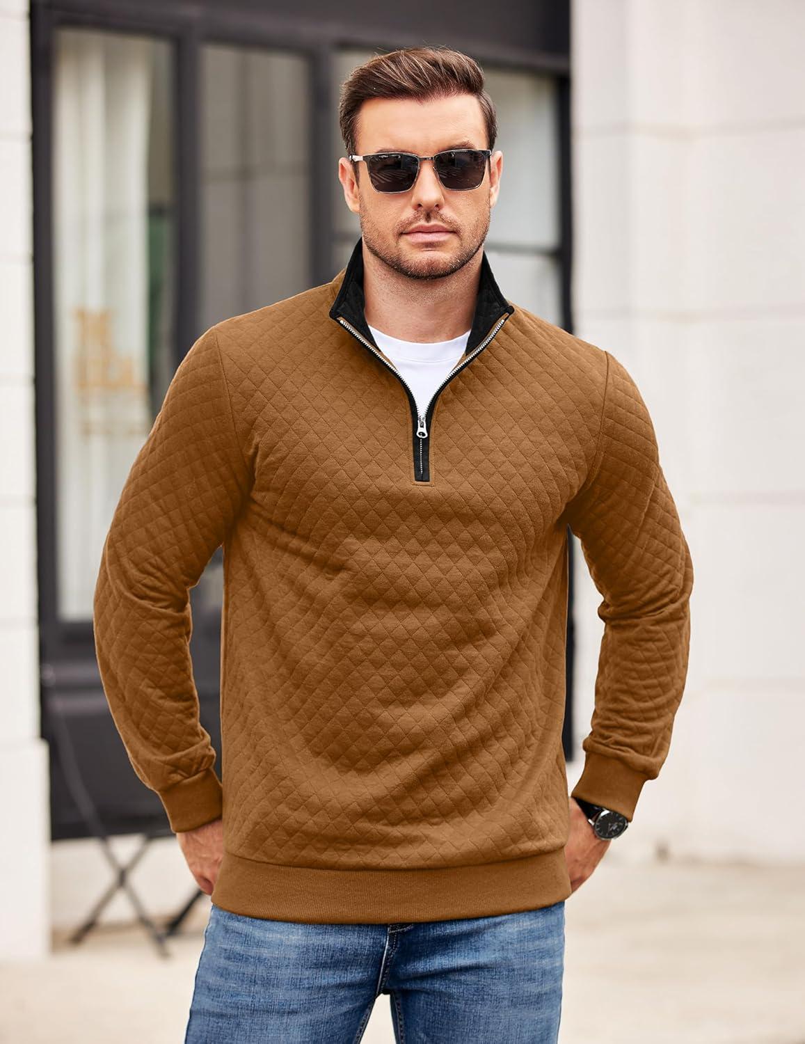 imageCOOFANDY Mens Quarter Zip Pullover Mock Neck Quilted Sweatshirt Casual Long Sleeve Polo SweaterBrown