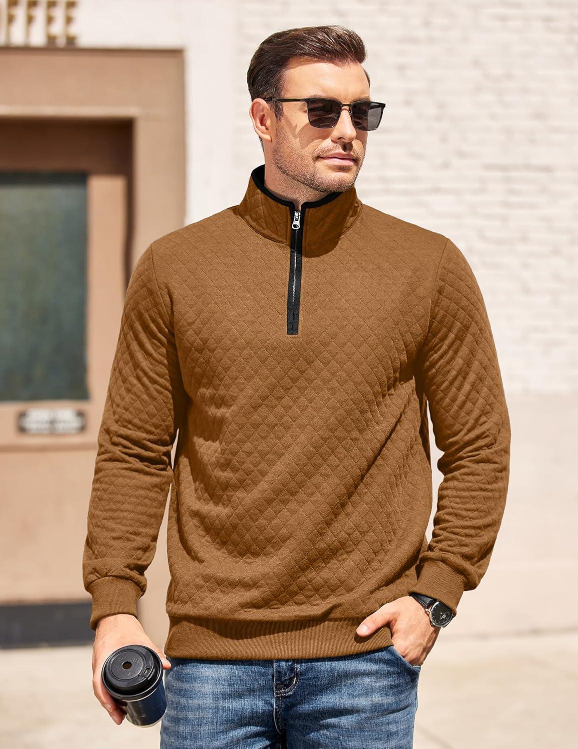 imageCOOFANDY Mens Quarter Zip Pullover Mock Neck Quilted Sweatshirt Casual Long Sleeve Polo SweaterBrown