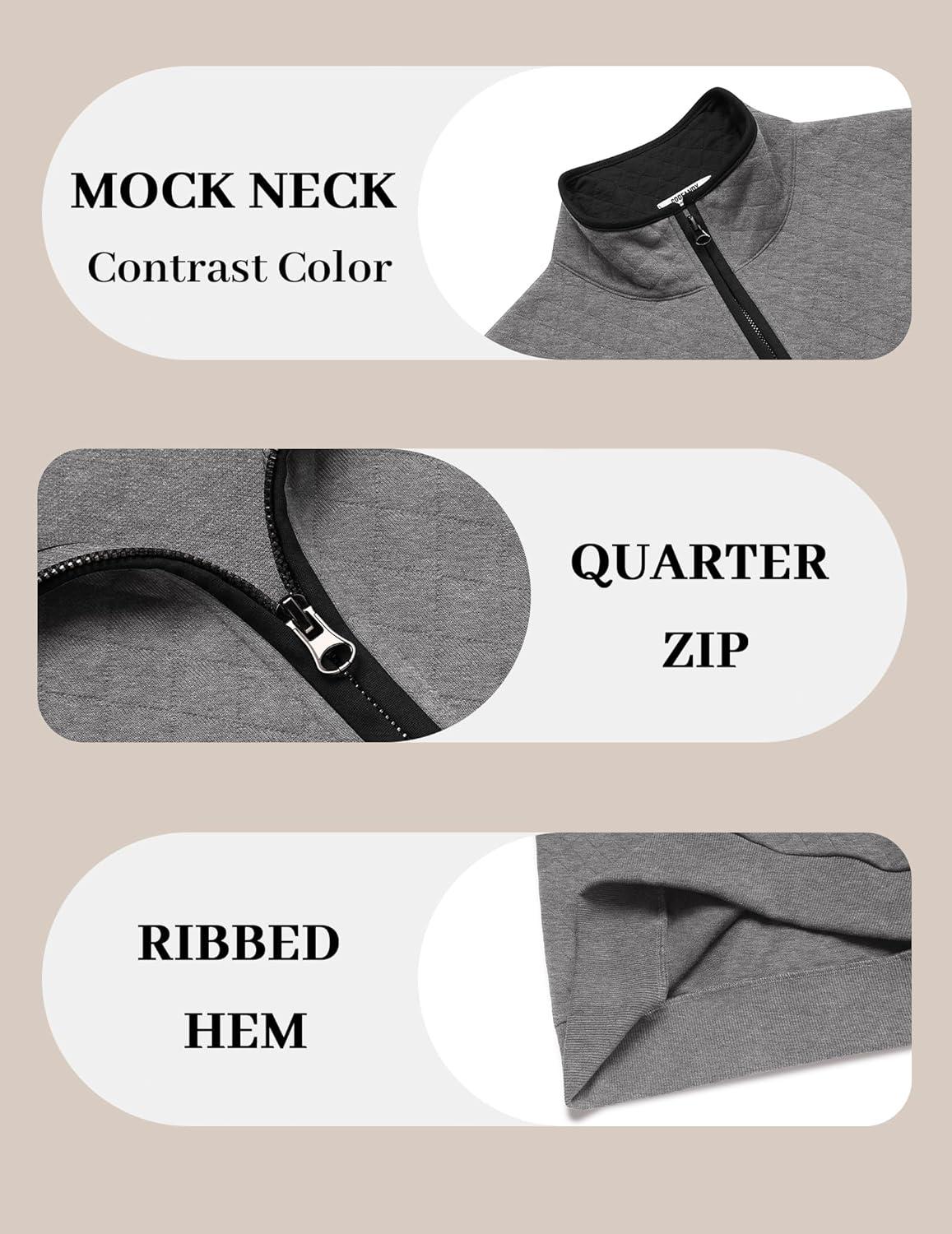 imageCOOFANDY Mens Quarter Zip Pullover Mock Neck Quilted Sweatshirt Casual Long Sleeve Polo SweaterDark Grey