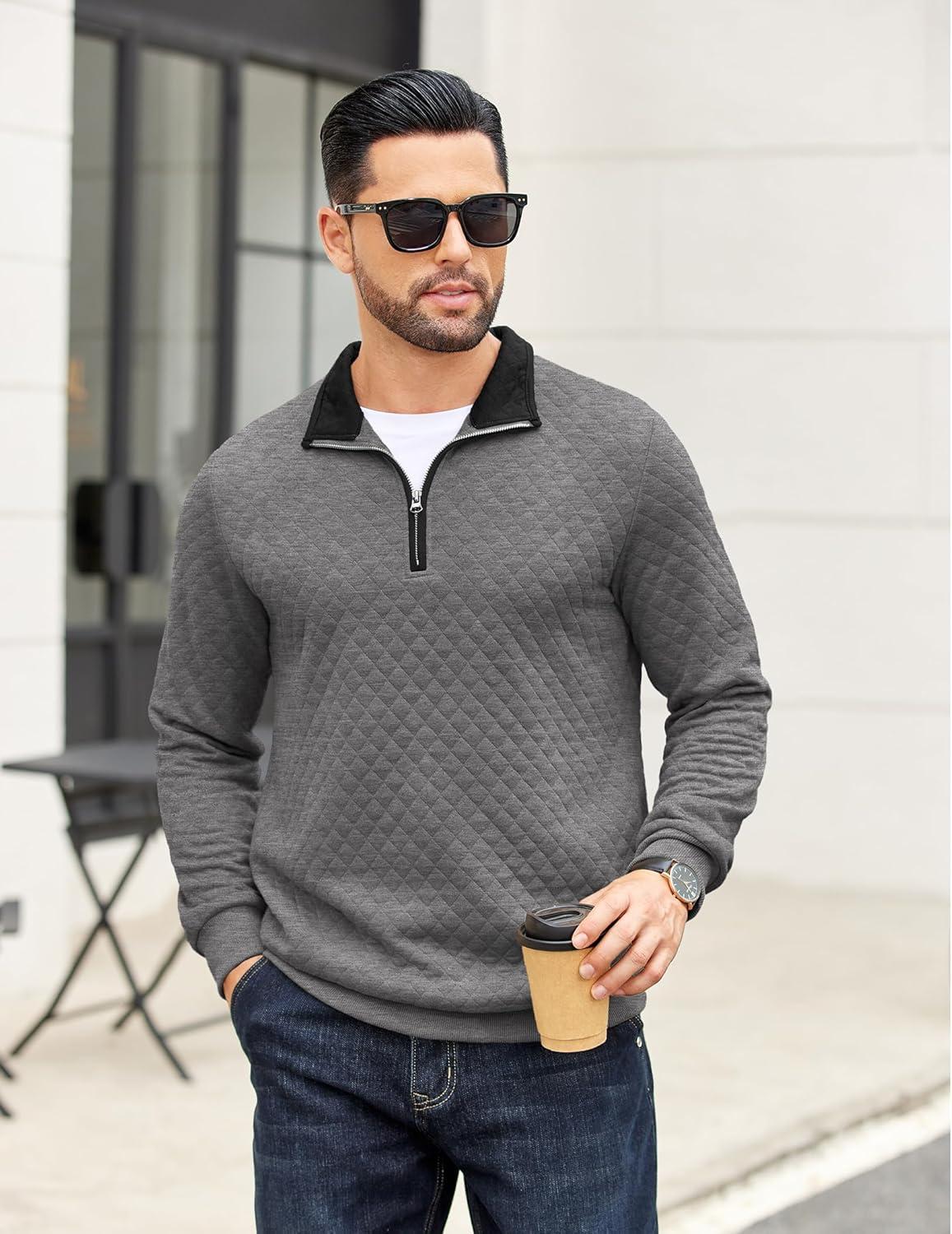 imageCOOFANDY Mens Quarter Zip Pullover Mock Neck Quilted Sweatshirt Casual Long Sleeve Polo SweaterDark Grey