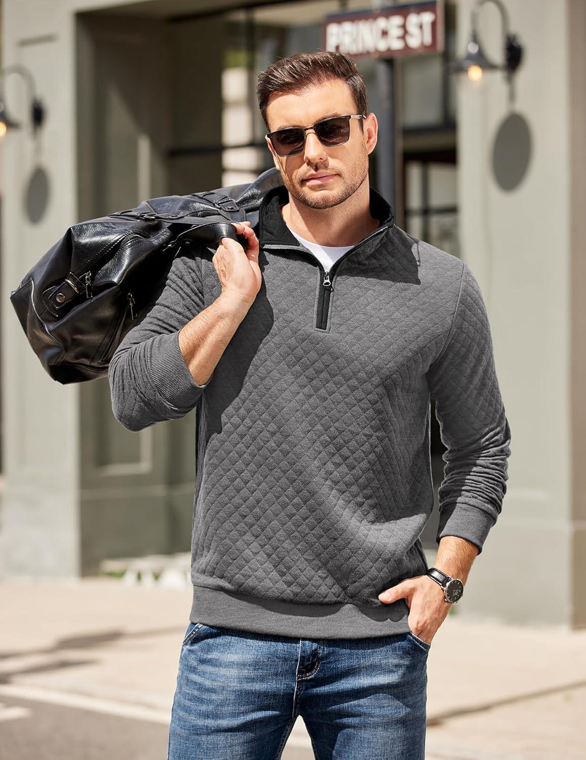 imageCOOFANDY Mens Quarter Zip Pullover Mock Neck Quilted Sweatshirt Casual Long Sleeve Polo SweaterDark Grey