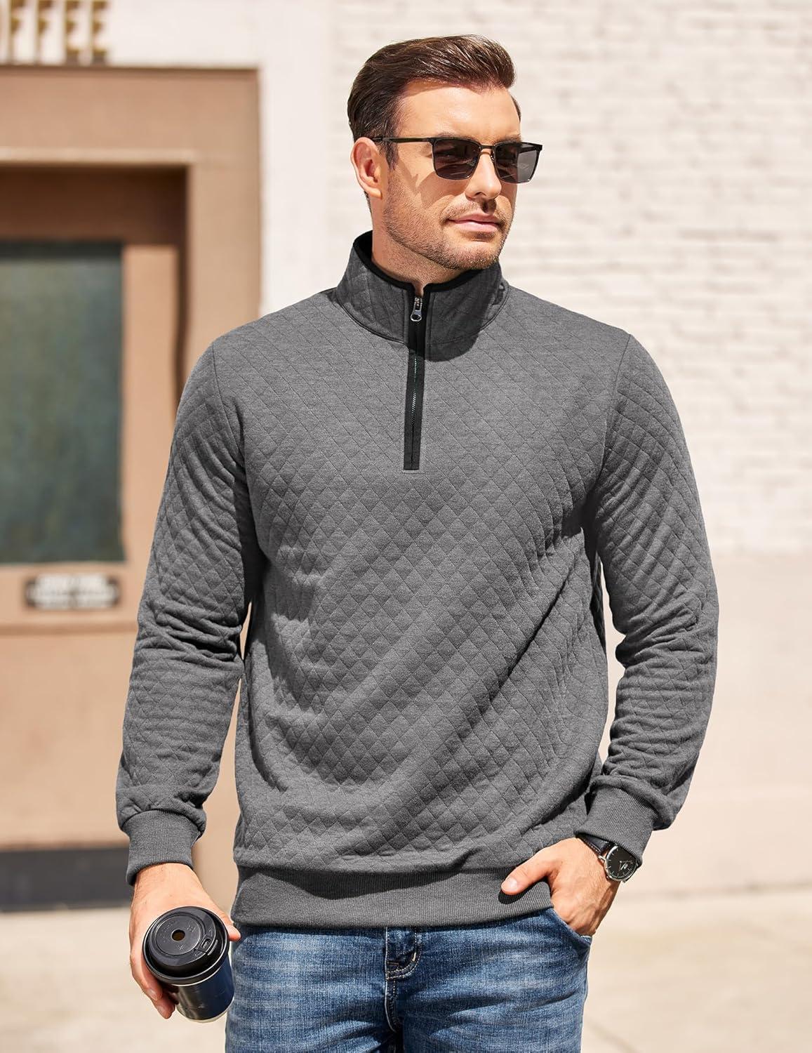 imageCOOFANDY Mens Quarter Zip Pullover Mock Neck Quilted Sweatshirt Casual Long Sleeve Polo SweaterDark Grey