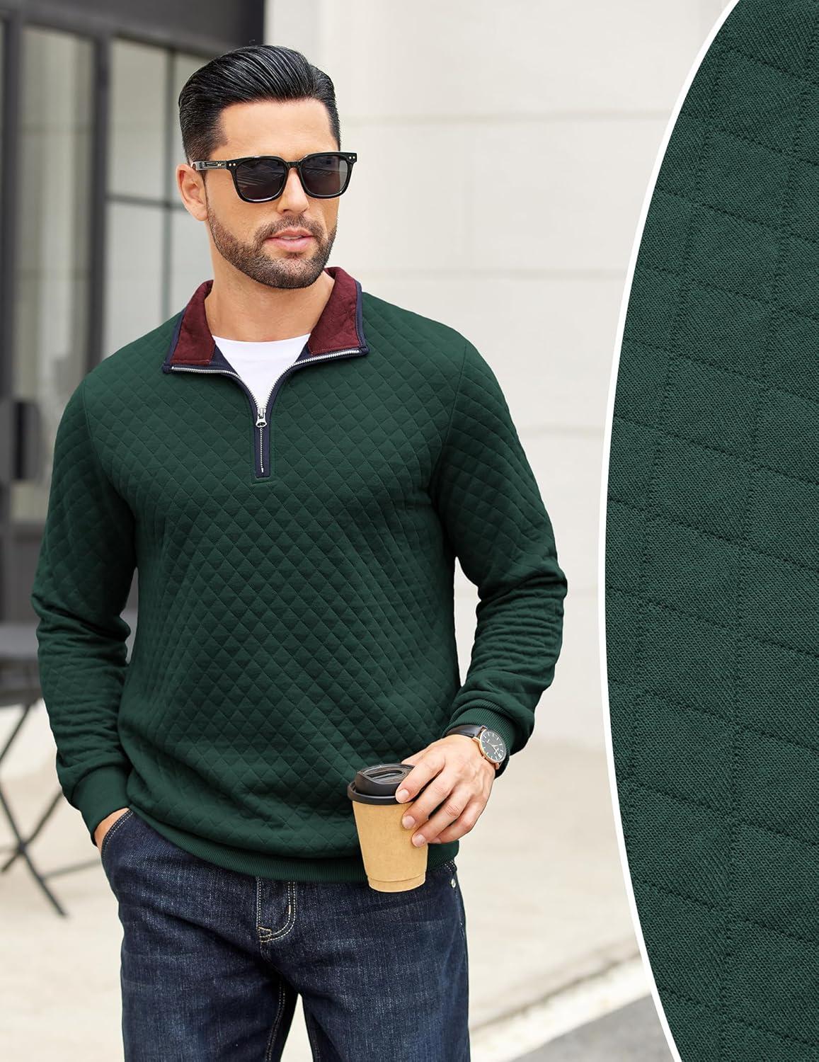 imageCOOFANDY Mens Quarter Zip Pullover Mock Neck Quilted Sweatshirt Casual Long Sleeve Polo SweaterDeep Green