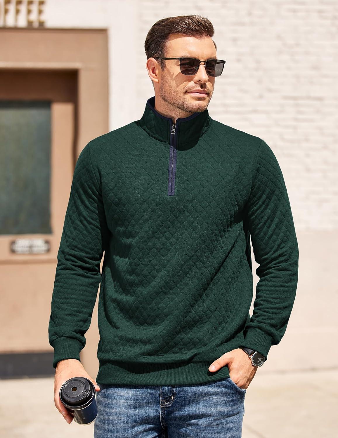 imageCOOFANDY Mens Quarter Zip Pullover Mock Neck Quilted Sweatshirt Casual Long Sleeve Polo SweaterDeep Green