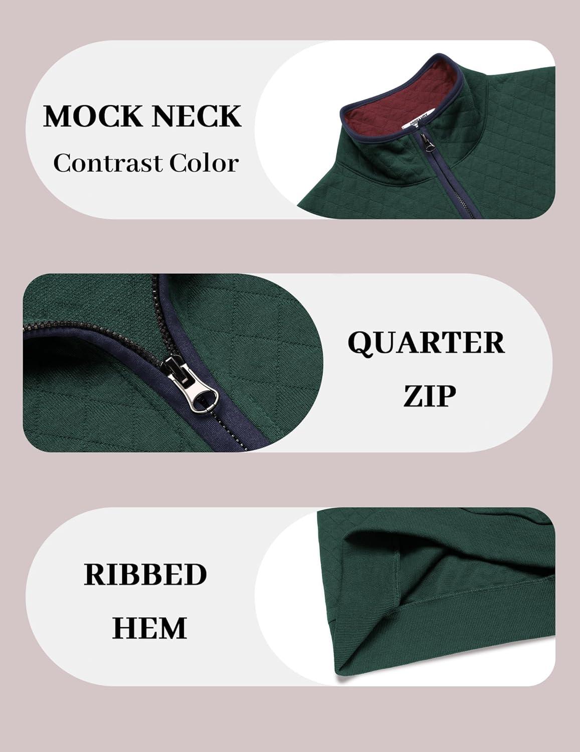 imageCOOFANDY Mens Quarter Zip Pullover Mock Neck Quilted Sweatshirt Casual Long Sleeve Polo SweaterDeep Green