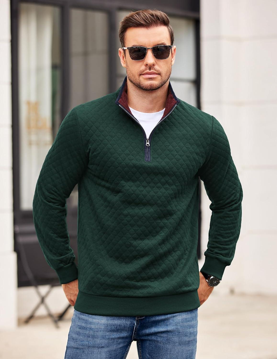 imageCOOFANDY Mens Quarter Zip Pullover Mock Neck Quilted Sweatshirt Casual Long Sleeve Polo SweaterDeep Green