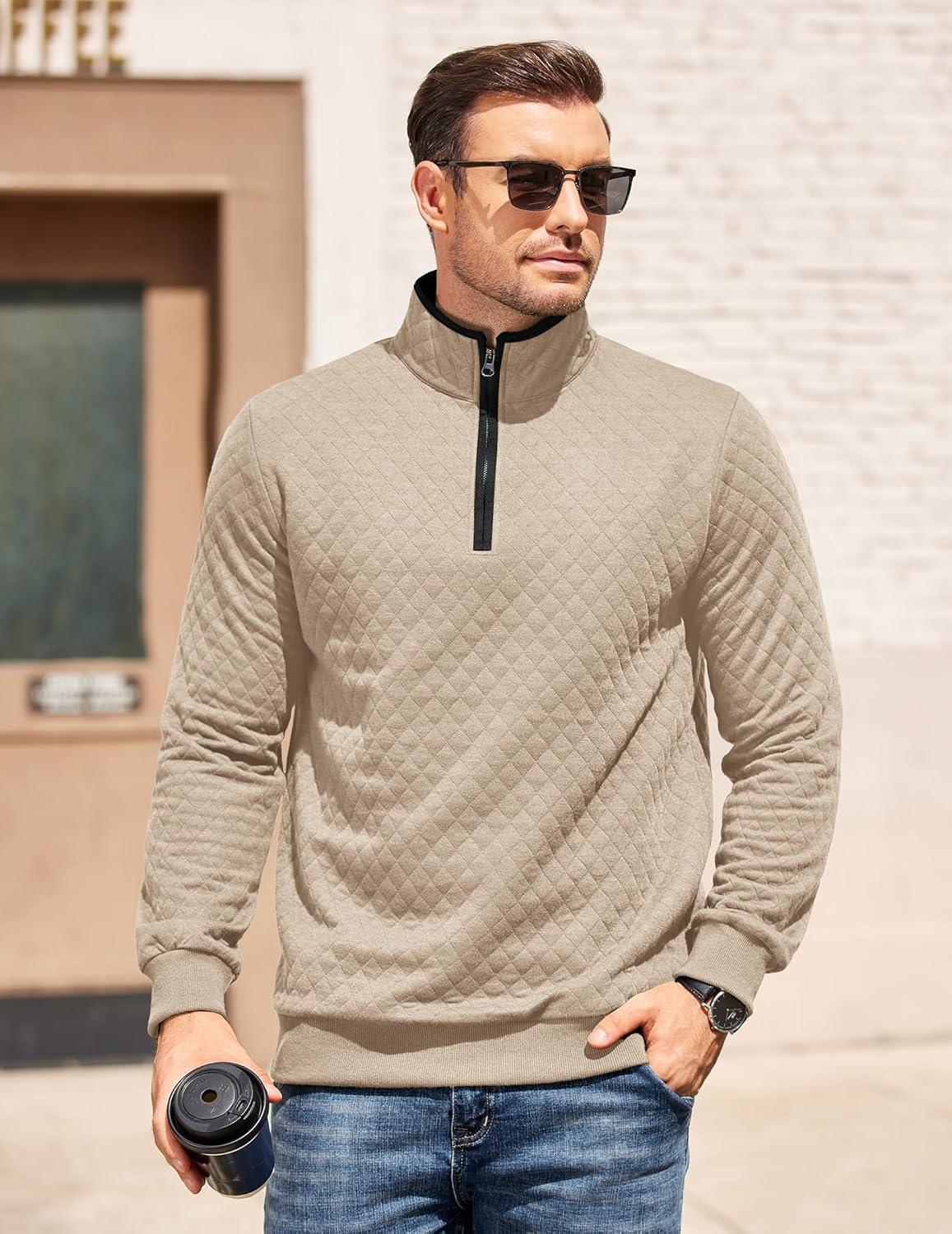 imageCOOFANDY Mens Quarter Zip Pullover Mock Neck Quilted Sweatshirt Casual Long Sleeve Polo SweaterKhaki