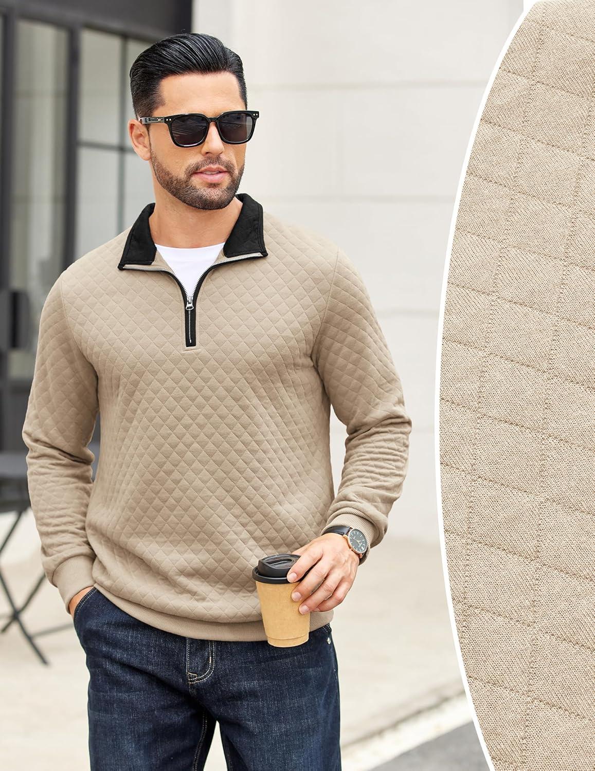 imageCOOFANDY Mens Quarter Zip Pullover Mock Neck Quilted Sweatshirt Casual Long Sleeve Polo SweaterKhaki