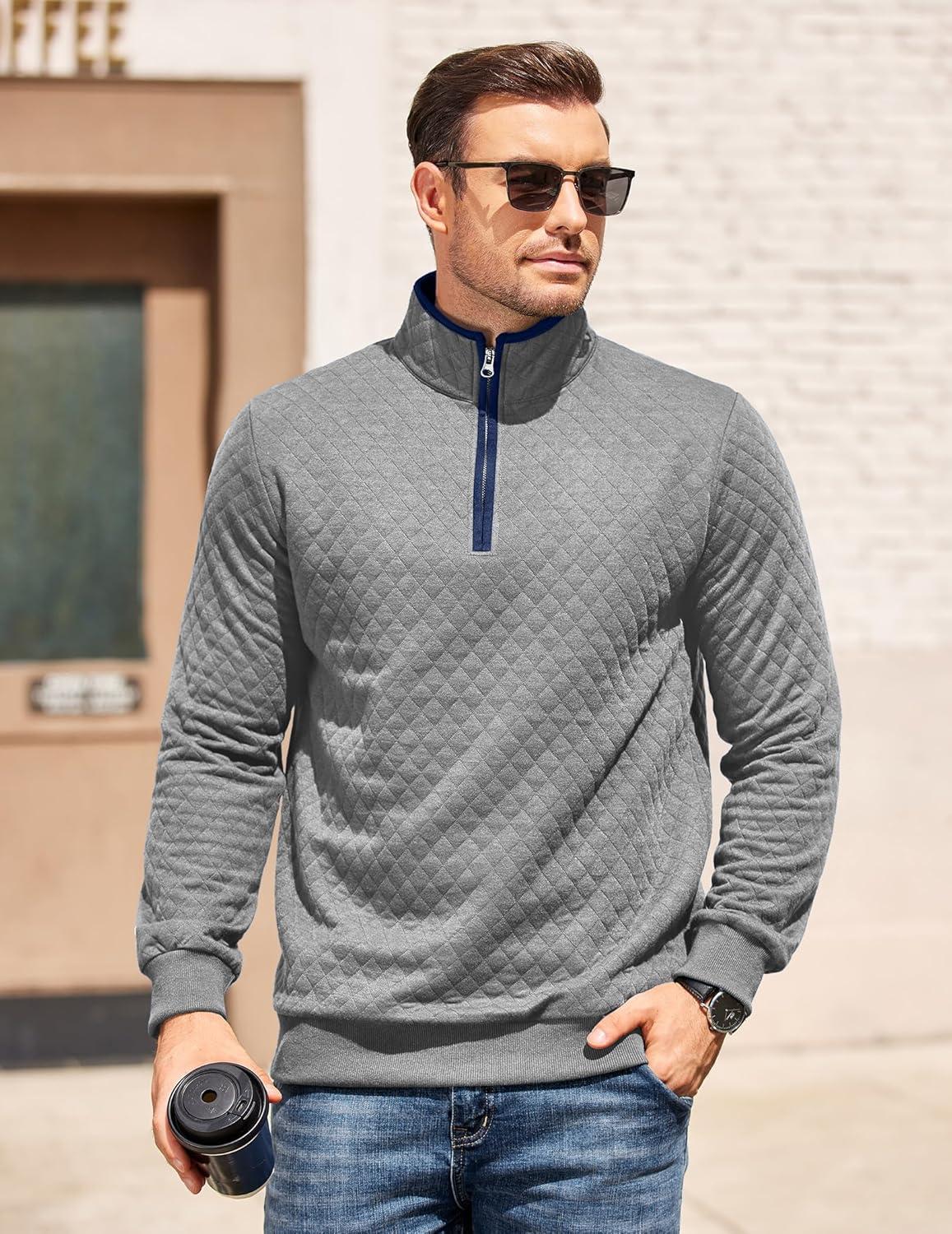 imageCOOFANDY Mens Quarter Zip Pullover Mock Neck Quilted Sweatshirt Casual Long Sleeve Polo SweaterLight Gray