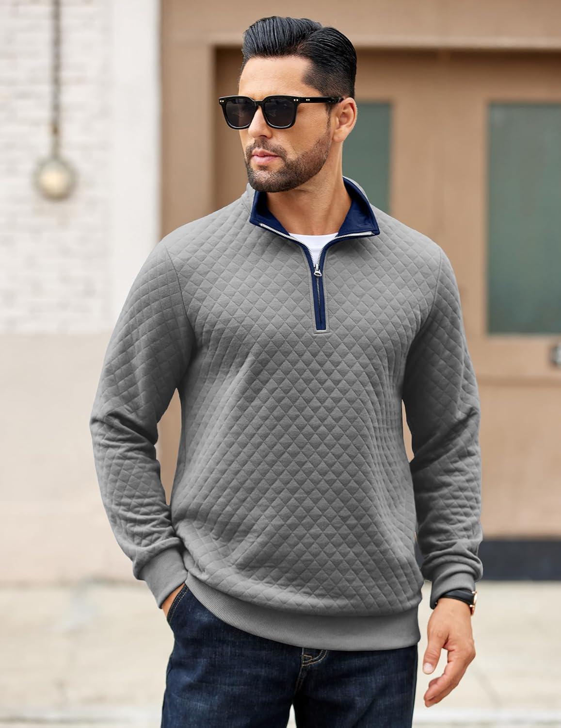 imageCOOFANDY Mens Quarter Zip Pullover Mock Neck Quilted Sweatshirt Casual Long Sleeve Polo SweaterLight Gray