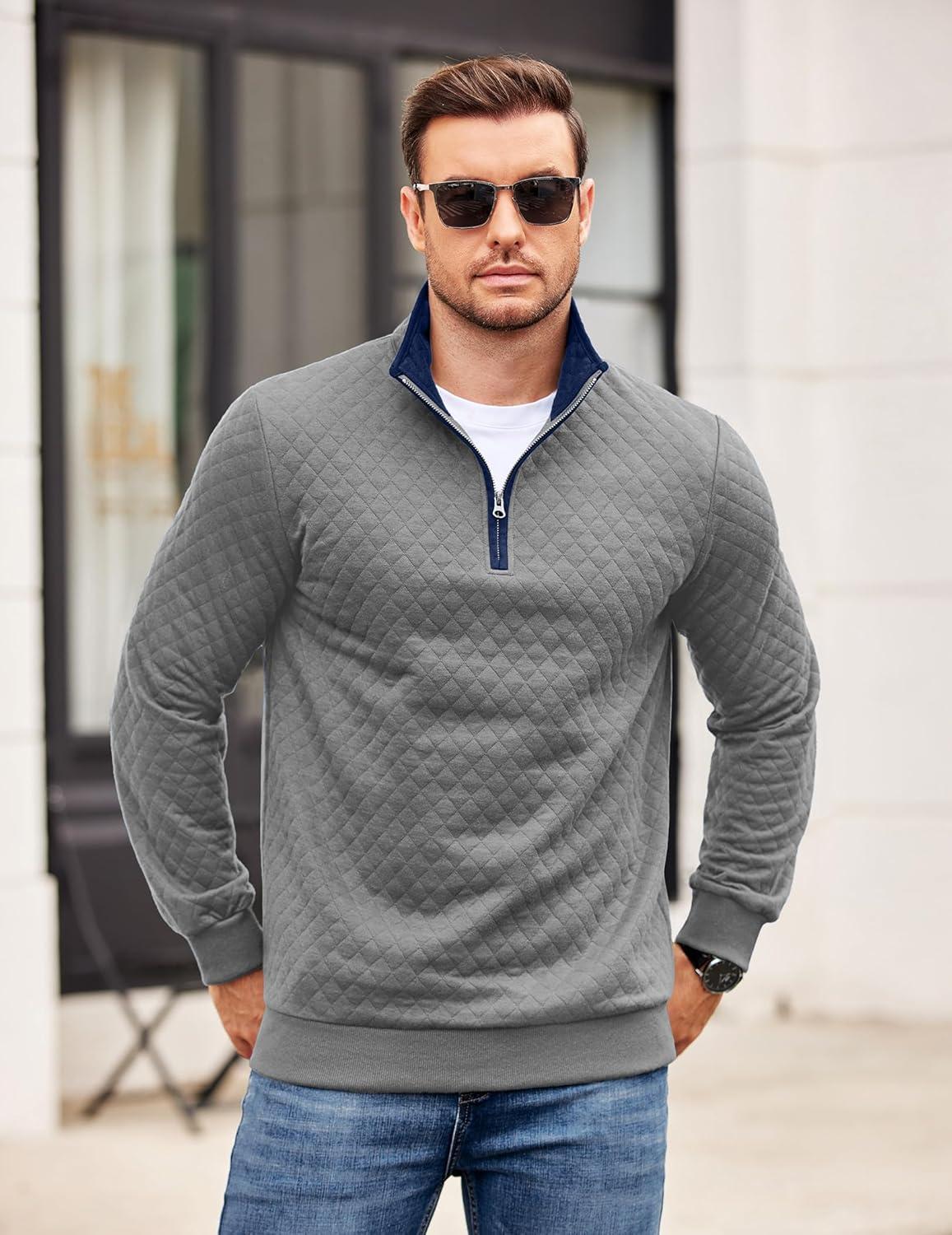 imageCOOFANDY Mens Quarter Zip Pullover Mock Neck Quilted Sweatshirt Casual Long Sleeve Polo SweaterLight Gray