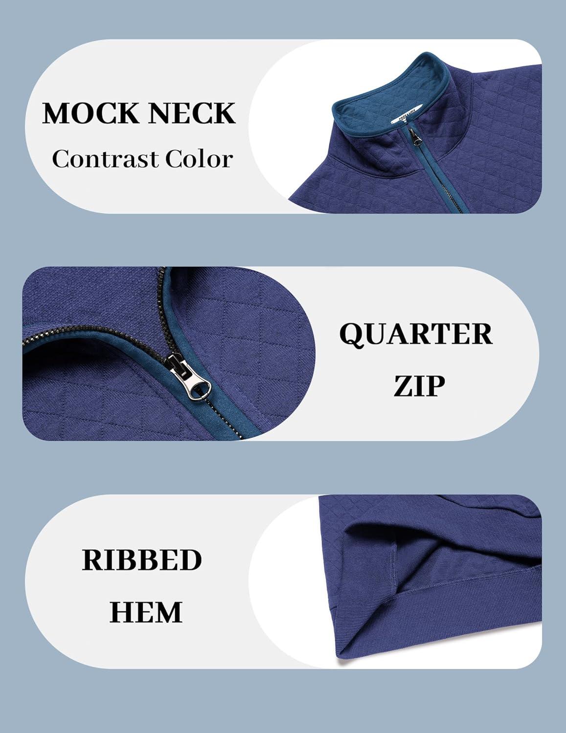 imageCOOFANDY Mens Quarter Zip Pullover Mock Neck Quilted Sweatshirt Casual Long Sleeve Polo SweaterNavy Blue