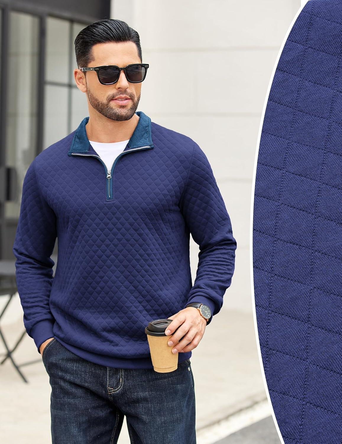 imageCOOFANDY Mens Quarter Zip Pullover Mock Neck Quilted Sweatshirt Casual Long Sleeve Polo SweaterNavy Blue