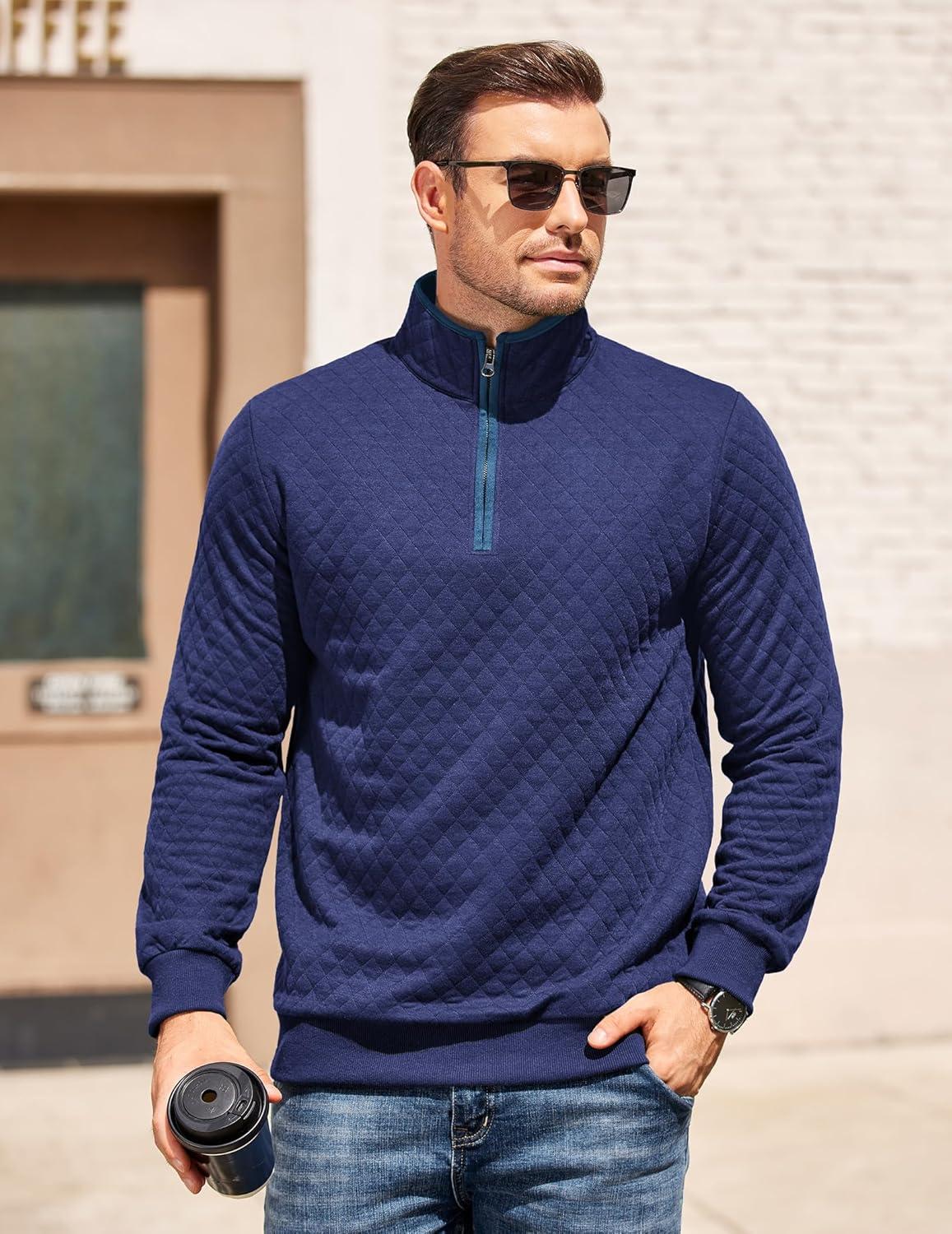 imageCOOFANDY Mens Quarter Zip Pullover Mock Neck Quilted Sweatshirt Casual Long Sleeve Polo SweaterNavy Blue