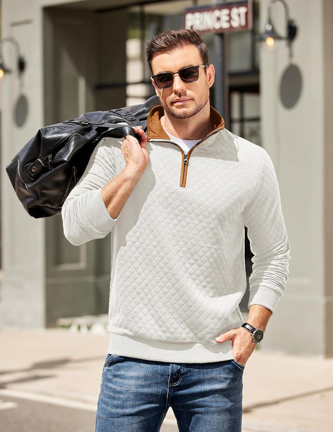 imageCOOFANDY Mens Quarter Zip Pullover Mock Neck Quilted Sweatshirt Casual Long Sleeve Polo SweaterWhite
