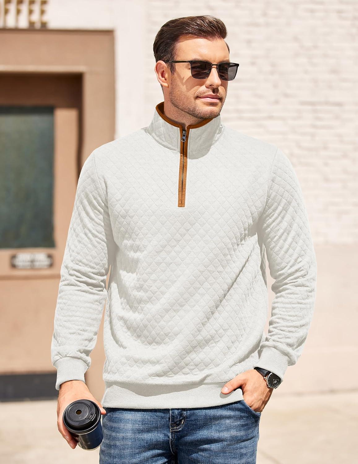 imageCOOFANDY Mens Quarter Zip Pullover Mock Neck Quilted Sweatshirt Casual Long Sleeve Polo SweaterWhite