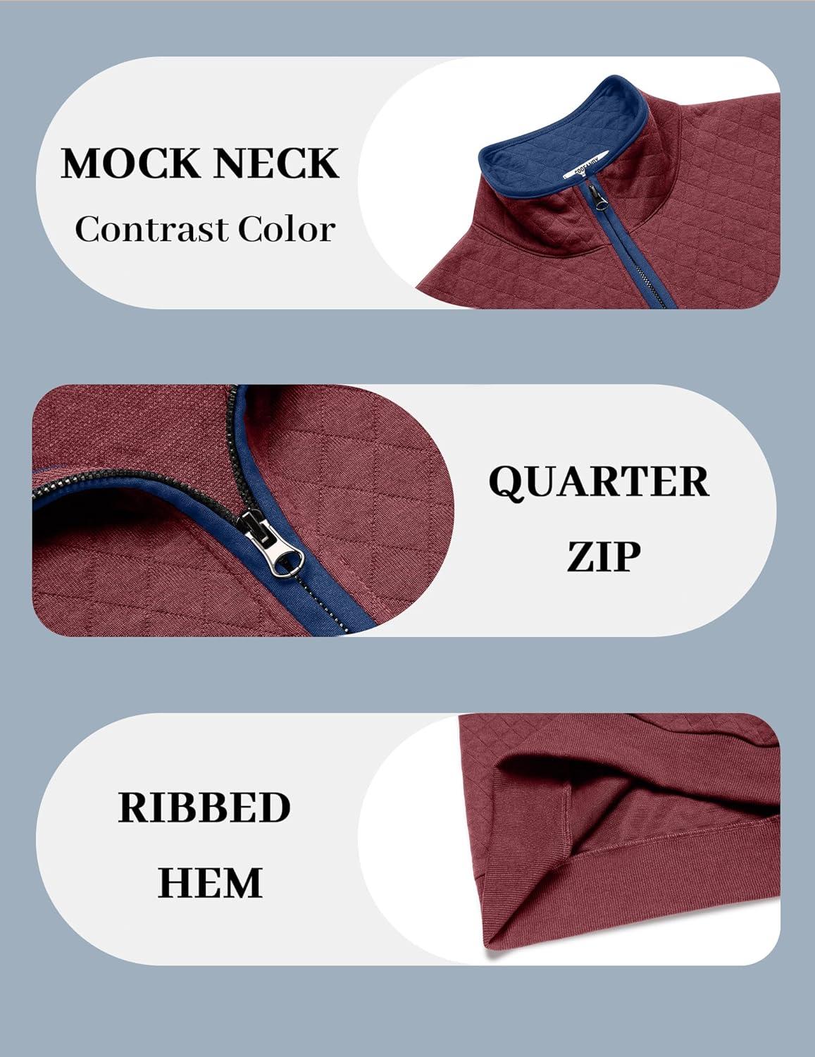 imageCOOFANDY Mens Quarter Zip Pullover Mock Neck Quilted Sweatshirt Casual Long Sleeve Polo SweaterWine Red