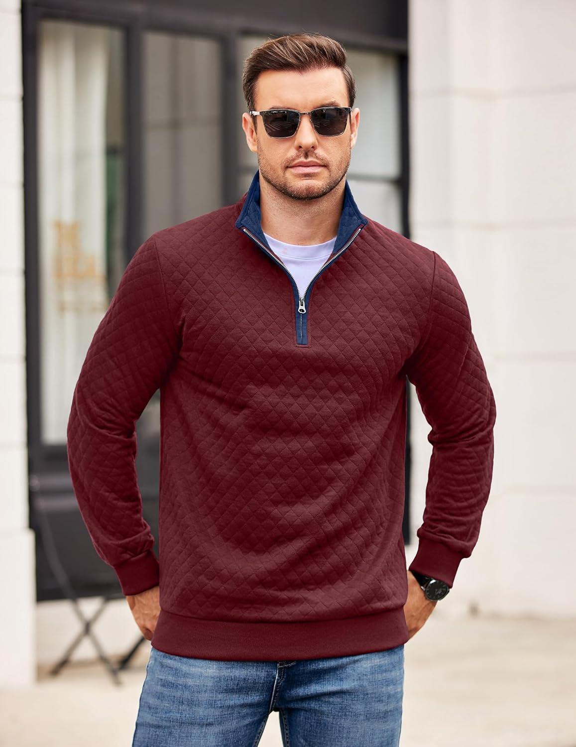 imageCOOFANDY Mens Quarter Zip Pullover Mock Neck Quilted Sweatshirt Casual Long Sleeve Polo SweaterWine Red