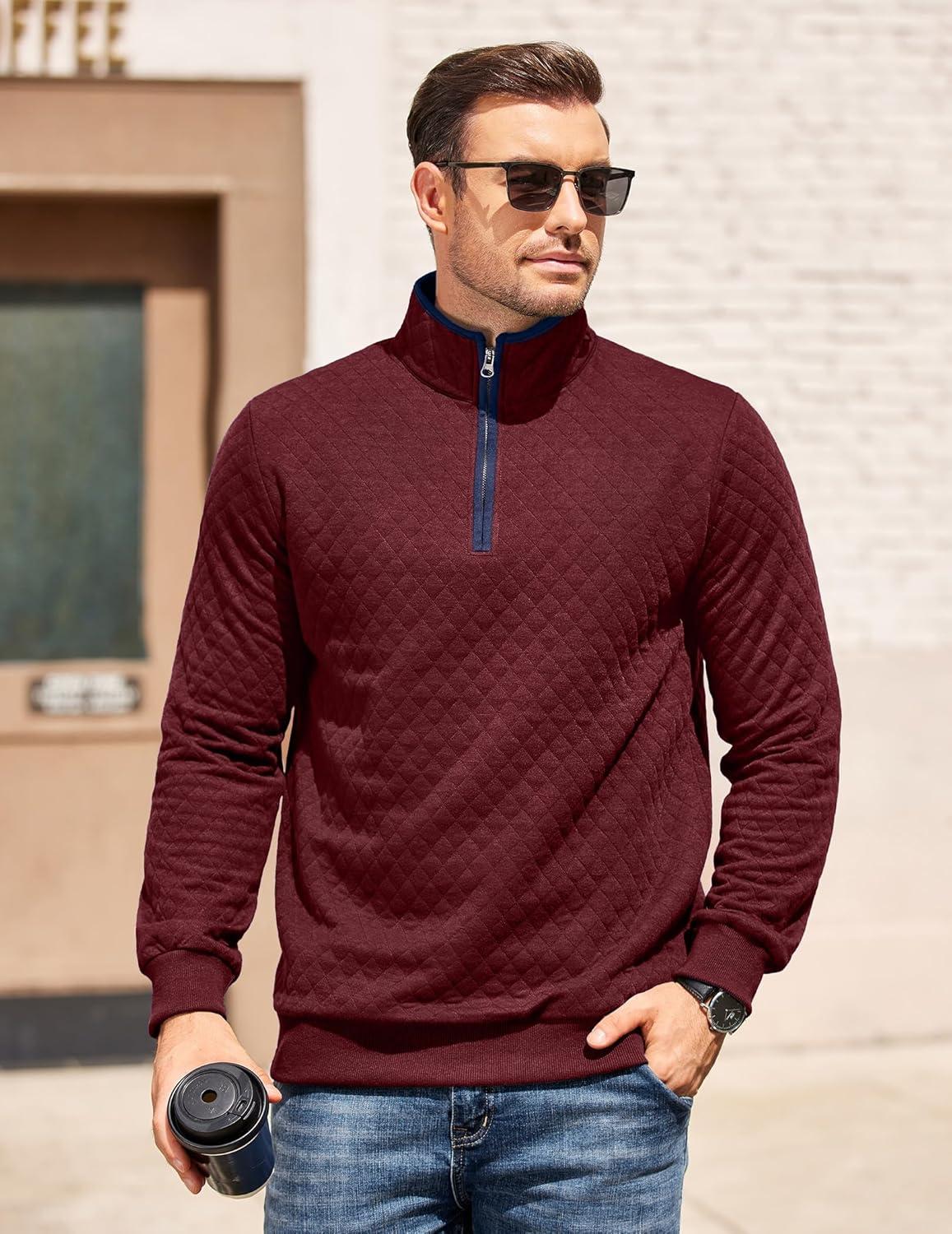 imageCOOFANDY Mens Quarter Zip Pullover Mock Neck Quilted Sweatshirt Casual Long Sleeve Polo SweaterWine Red