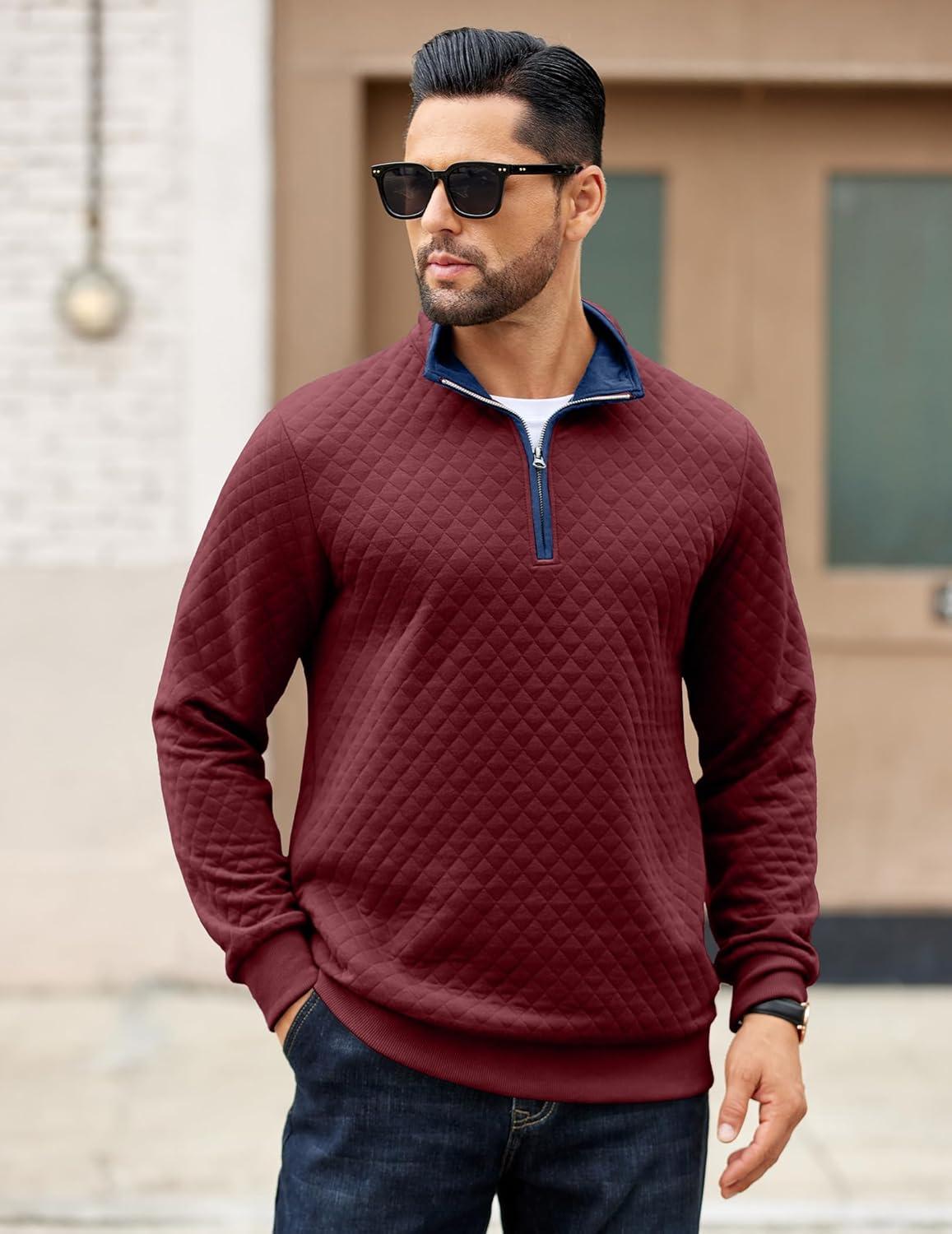imageCOOFANDY Mens Quarter Zip Pullover Mock Neck Quilted Sweatshirt Casual Long Sleeve Polo SweaterWine Red