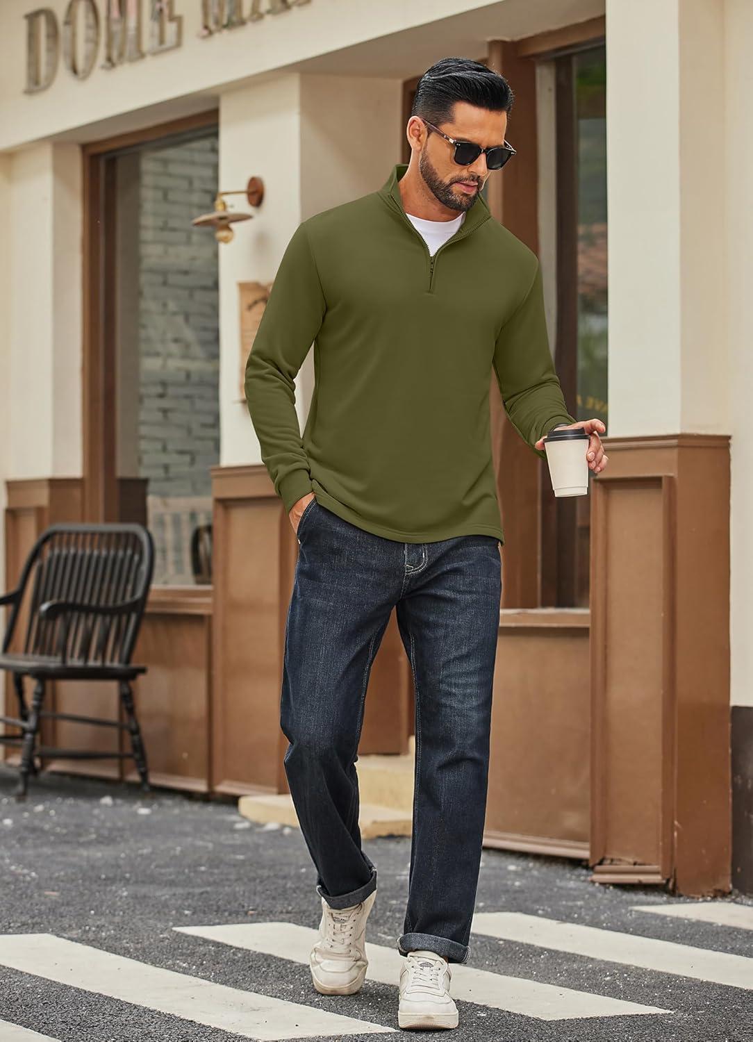 imageCOOFANDY Mens Quarter Zip Pullover Mock Neck Quilted Sweatshirt Lightweight Slim Fit Casual Long Sleeve Polo ShirtArmy Green