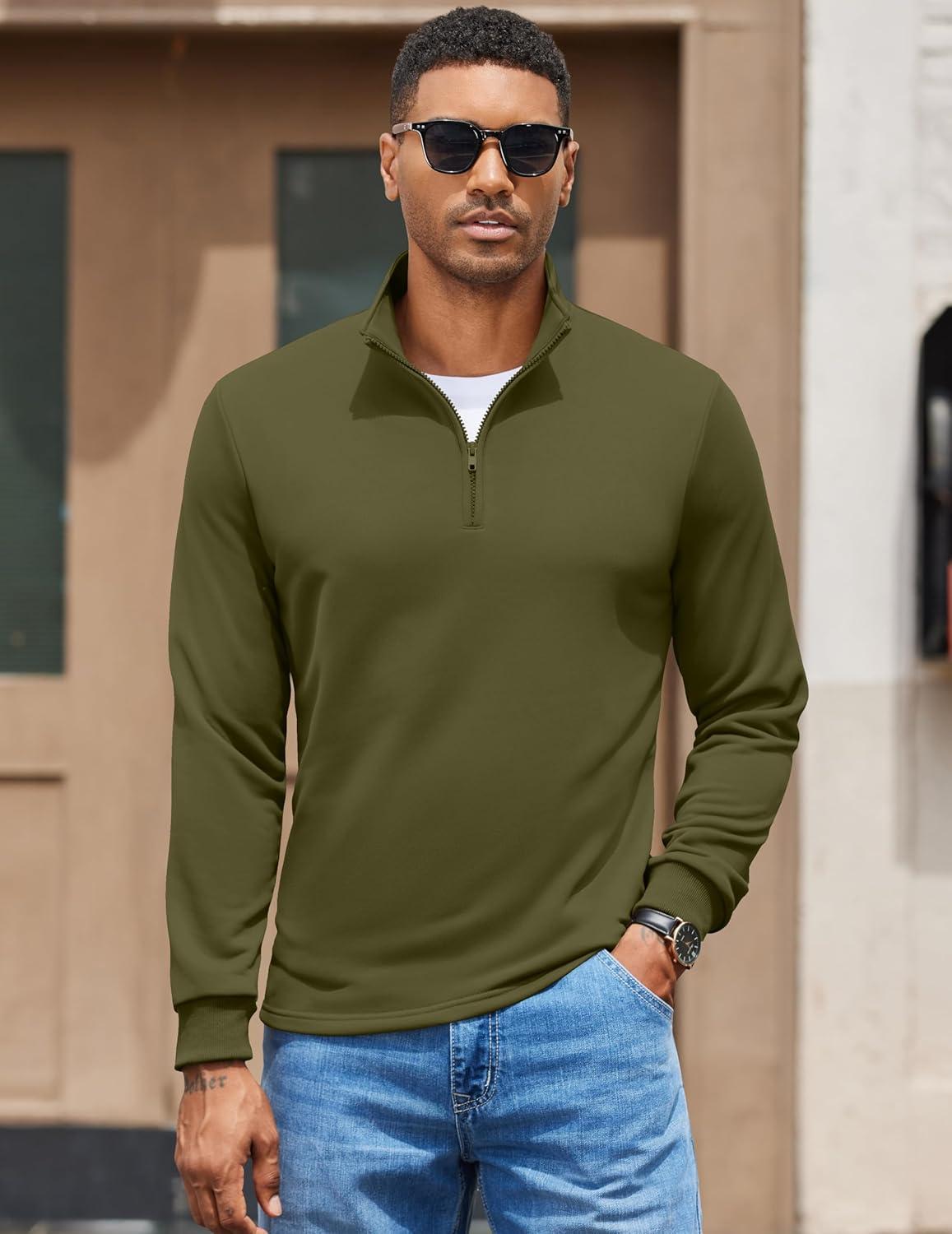 imageCOOFANDY Mens Quarter Zip Pullover Mock Neck Quilted Sweatshirt Lightweight Slim Fit Casual Long Sleeve Polo ShirtArmy Green