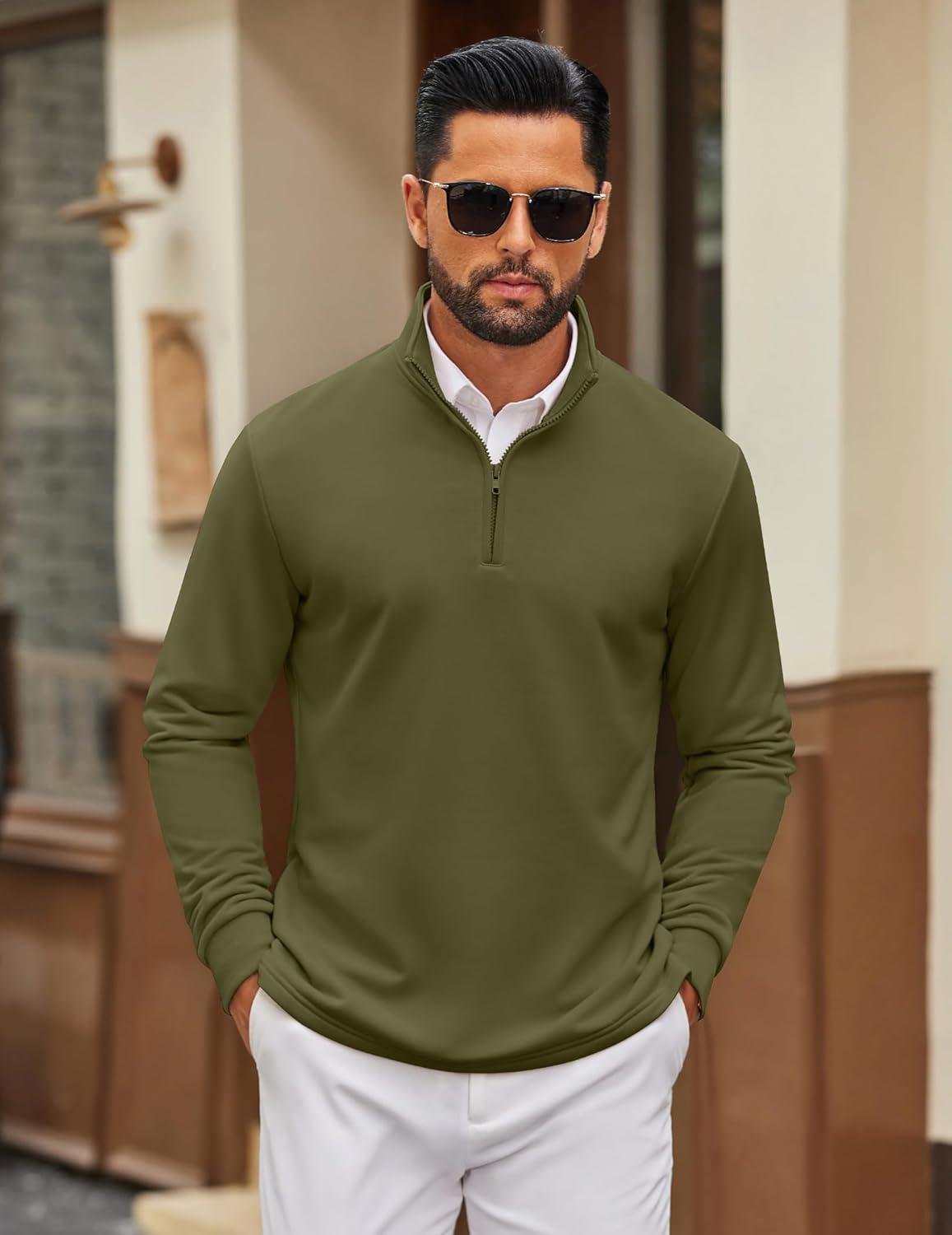 imageCOOFANDY Mens Quarter Zip Pullover Mock Neck Quilted Sweatshirt Lightweight Slim Fit Casual Long Sleeve Polo ShirtArmy Green