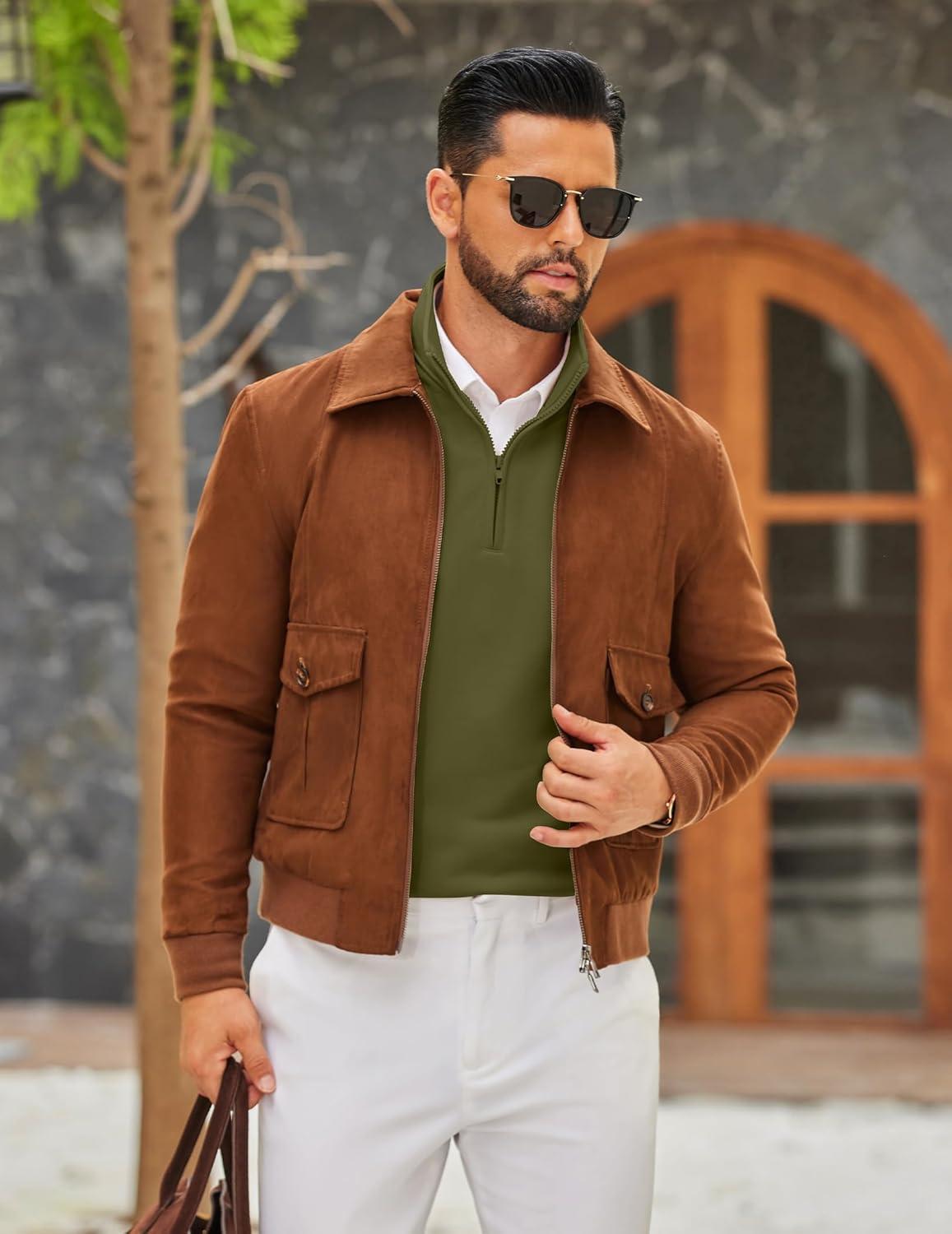 imageCOOFANDY Mens Quarter Zip Pullover Mock Neck Quilted Sweatshirt Lightweight Slim Fit Casual Long Sleeve Polo ShirtArmy Green