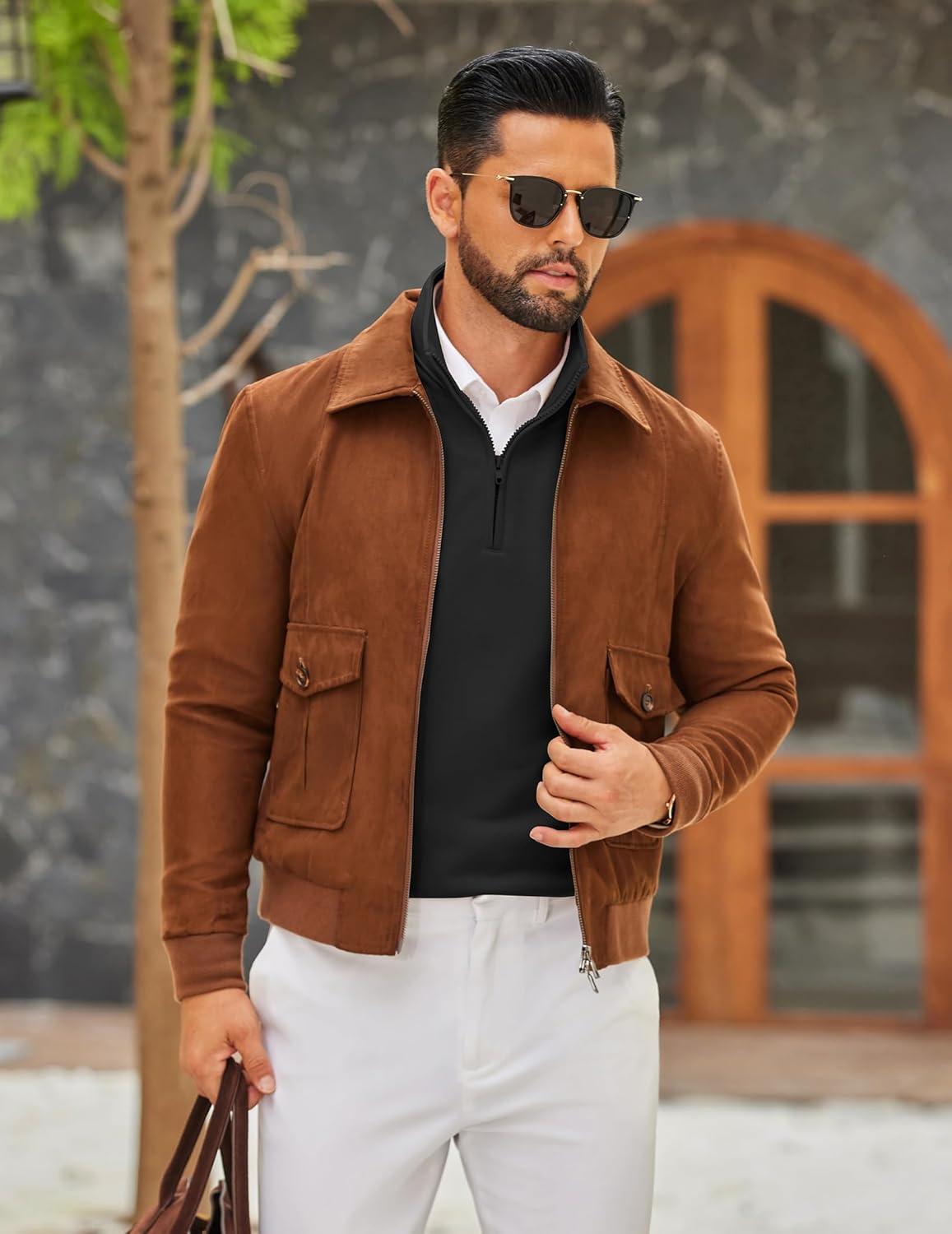 imageCOOFANDY Mens Quarter Zip Pullover Mock Neck Quilted Sweatshirt Lightweight Slim Fit Casual Long Sleeve Polo ShirtBlack