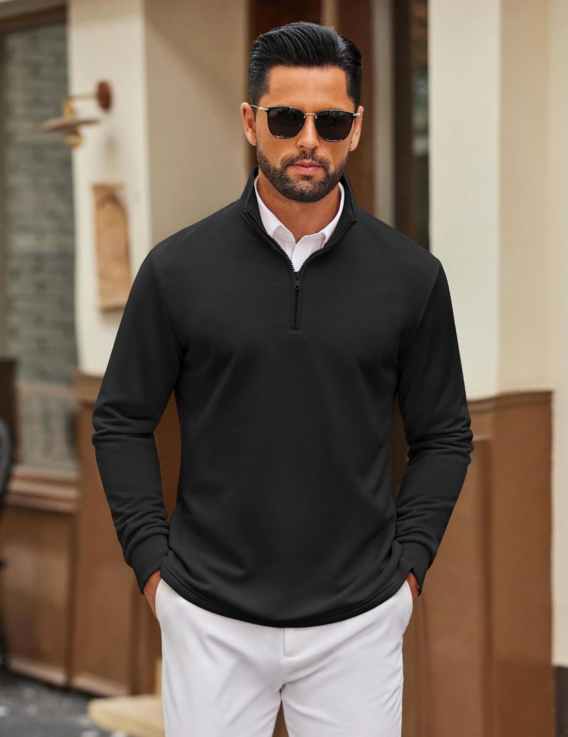 imageCOOFANDY Mens Quarter Zip Pullover Mock Neck Quilted Sweatshirt Lightweight Slim Fit Casual Long Sleeve Polo ShirtBlack
