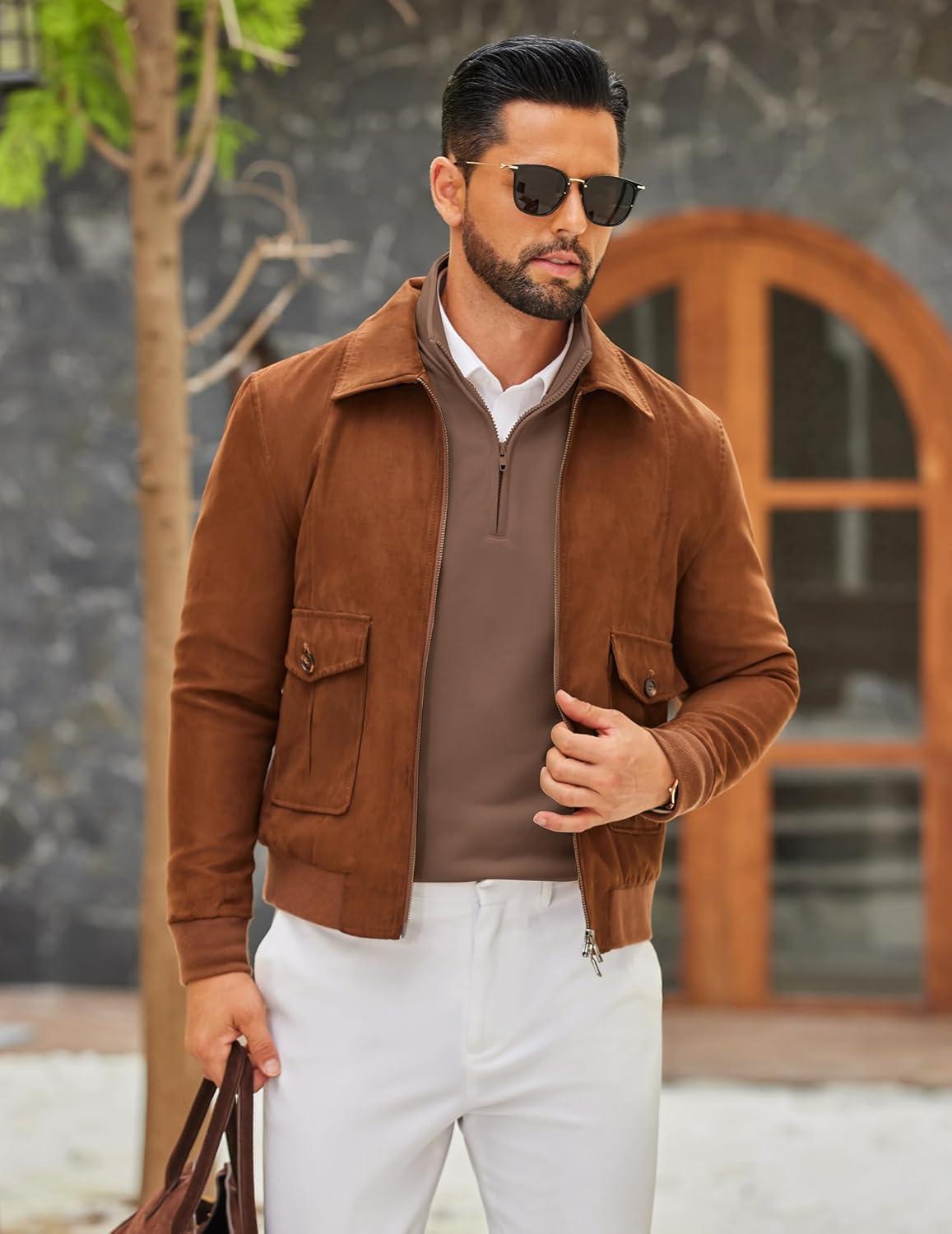 imageCOOFANDY Mens Quarter Zip Pullover Mock Neck Quilted Sweatshirt Lightweight Slim Fit Casual Long Sleeve Polo ShirtBrown
