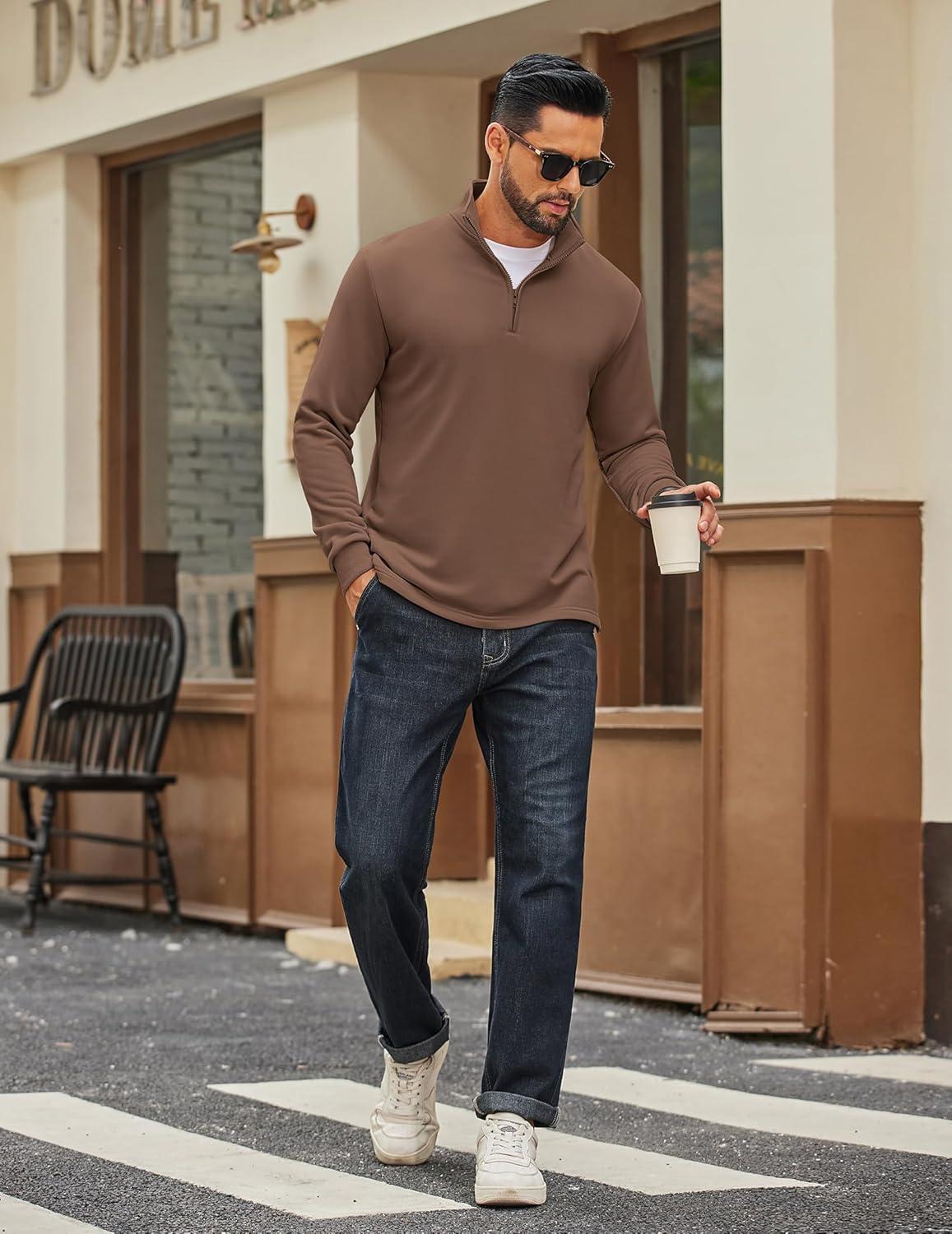 imageCOOFANDY Mens Quarter Zip Pullover Mock Neck Quilted Sweatshirt Lightweight Slim Fit Casual Long Sleeve Polo ShirtBrown