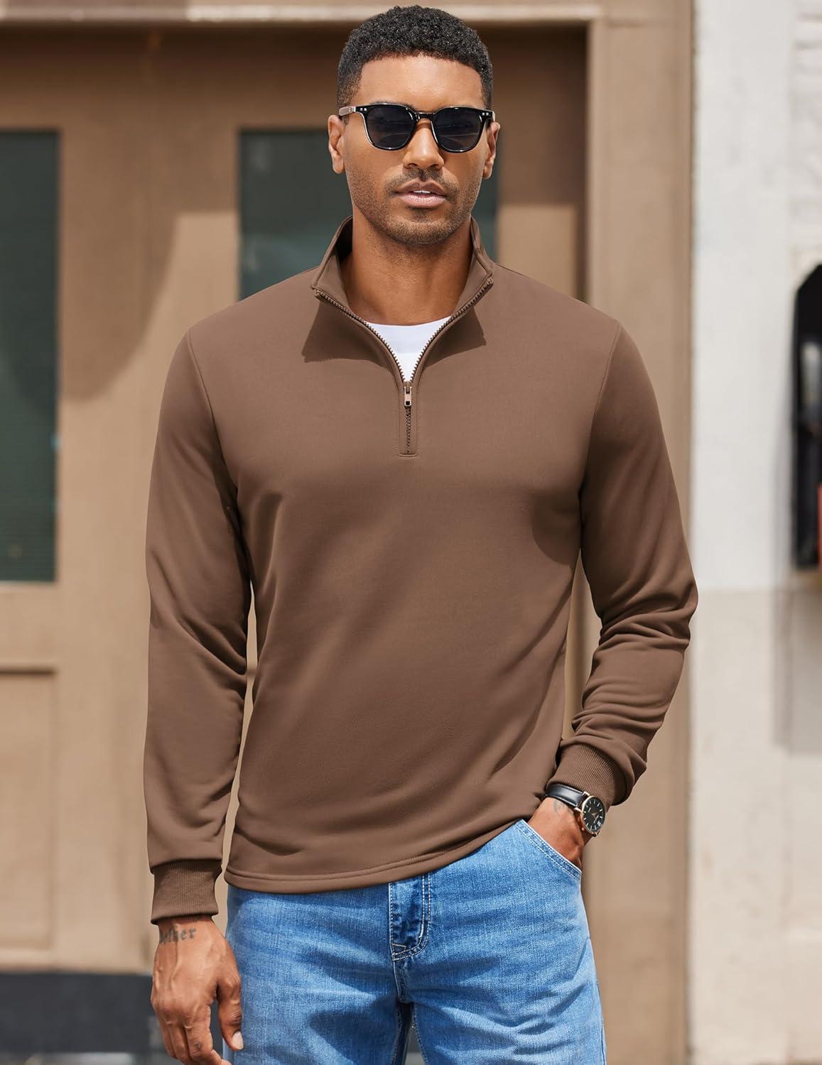 imageCOOFANDY Mens Quarter Zip Pullover Mock Neck Quilted Sweatshirt Lightweight Slim Fit Casual Long Sleeve Polo ShirtBrown