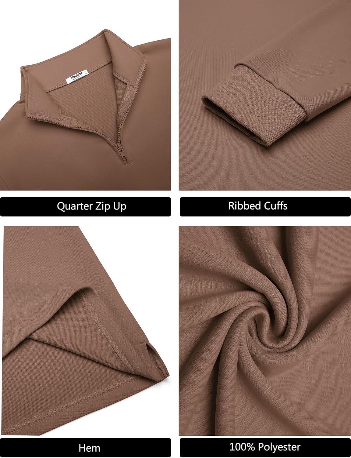 imageCOOFANDY Mens Quarter Zip Pullover Mock Neck Quilted Sweatshirt Lightweight Slim Fit Casual Long Sleeve Polo ShirtBrown