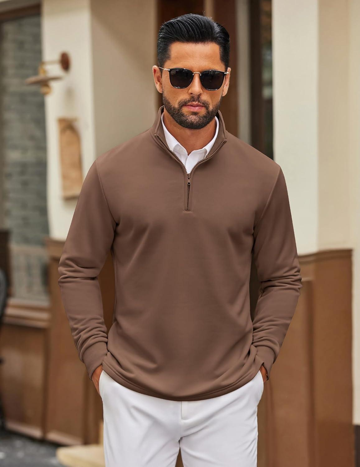 imageCOOFANDY Mens Quarter Zip Pullover Mock Neck Quilted Sweatshirt Lightweight Slim Fit Casual Long Sleeve Polo ShirtBrown