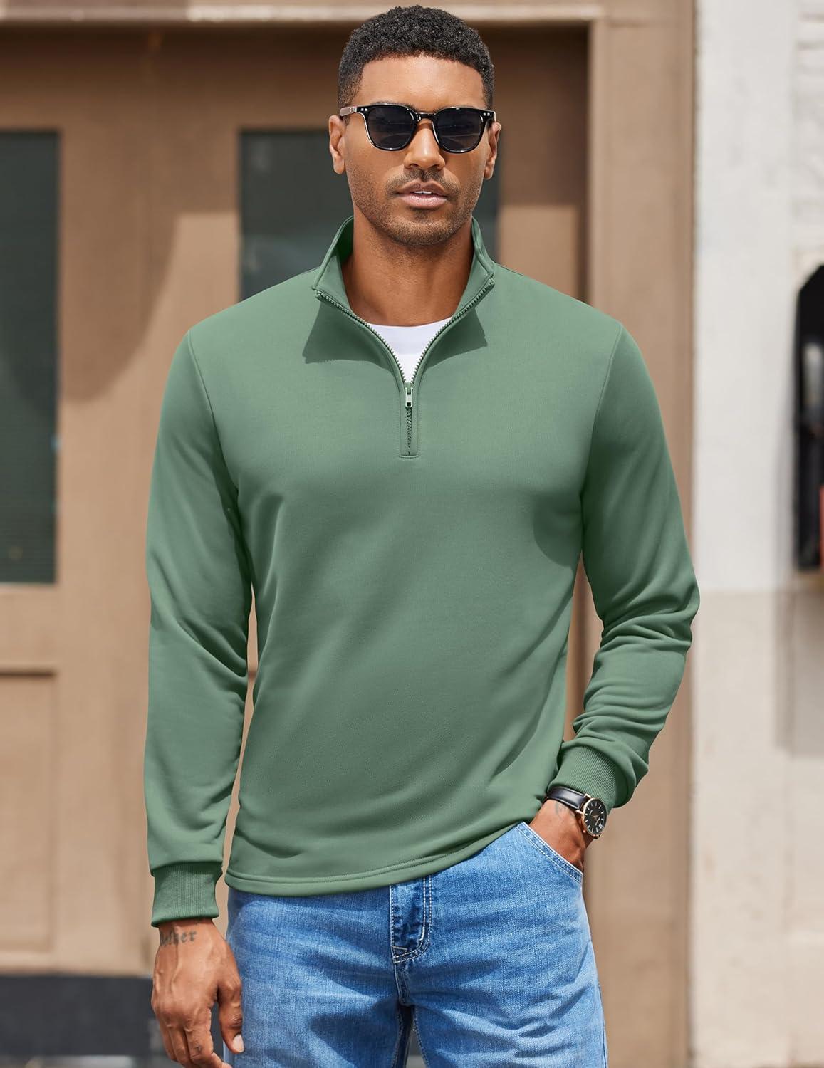 imageCOOFANDY Mens Quarter Zip Pullover Mock Neck Quilted Sweatshirt Lightweight Slim Fit Casual Long Sleeve Polo ShirtDark Green