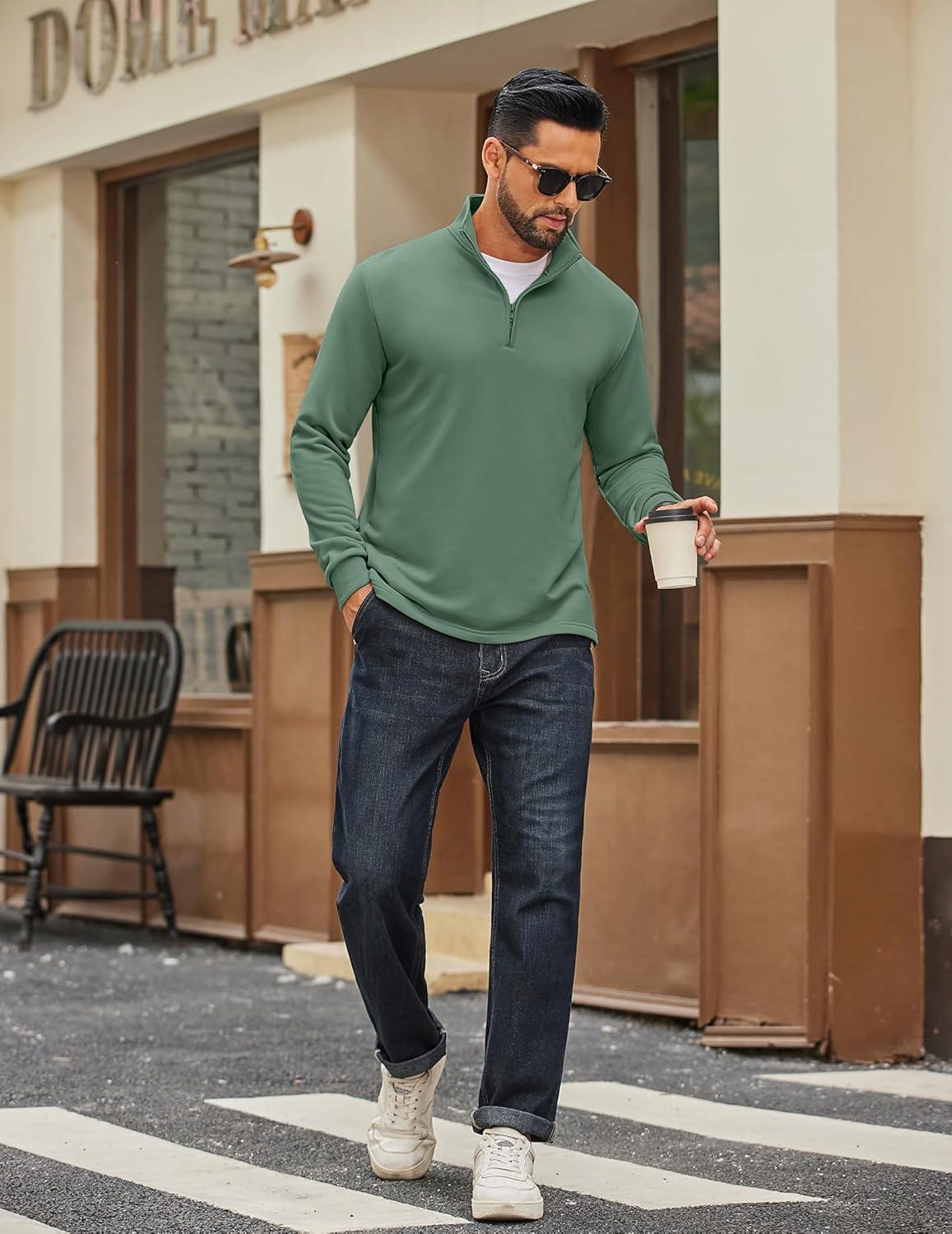 imageCOOFANDY Mens Quarter Zip Pullover Mock Neck Quilted Sweatshirt Lightweight Slim Fit Casual Long Sleeve Polo ShirtDark Green