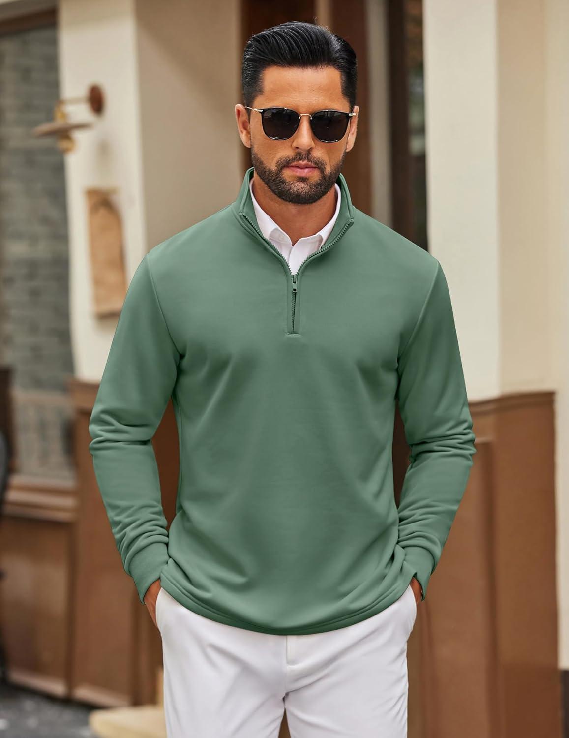 imageCOOFANDY Mens Quarter Zip Pullover Mock Neck Quilted Sweatshirt Lightweight Slim Fit Casual Long Sleeve Polo ShirtDark Green