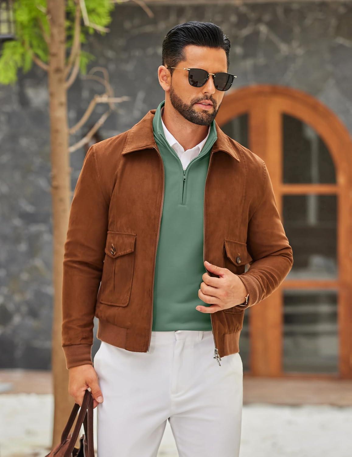 imageCOOFANDY Mens Quarter Zip Pullover Mock Neck Quilted Sweatshirt Lightweight Slim Fit Casual Long Sleeve Polo ShirtDark Green