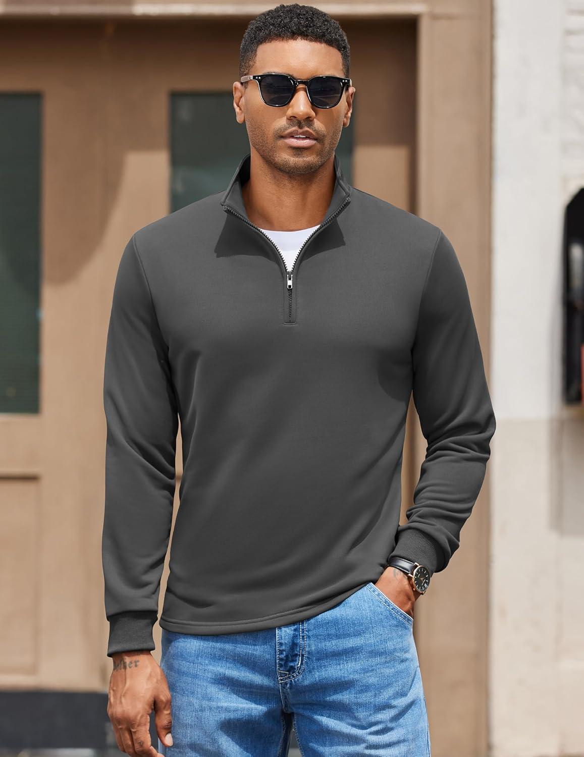 imageCOOFANDY Mens Quarter Zip Pullover Mock Neck Quilted Sweatshirt Lightweight Slim Fit Casual Long Sleeve Polo ShirtDark Grey
