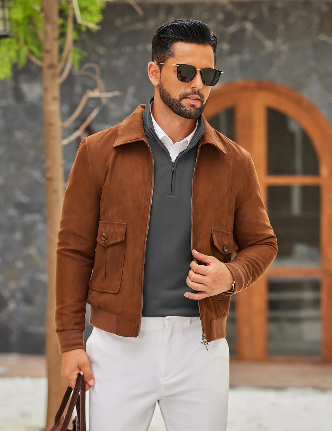 imageCOOFANDY Mens Quarter Zip Pullover Mock Neck Quilted Sweatshirt Lightweight Slim Fit Casual Long Sleeve Polo ShirtDark Grey