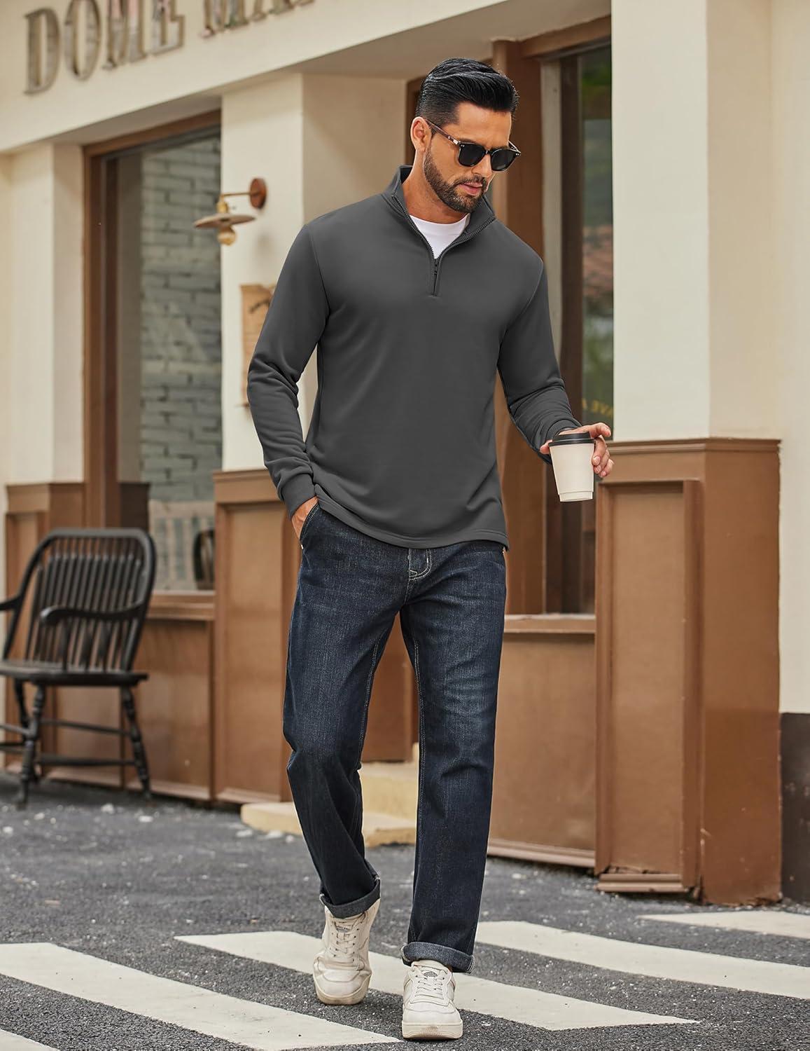 imageCOOFANDY Mens Quarter Zip Pullover Mock Neck Quilted Sweatshirt Lightweight Slim Fit Casual Long Sleeve Polo ShirtDark Grey