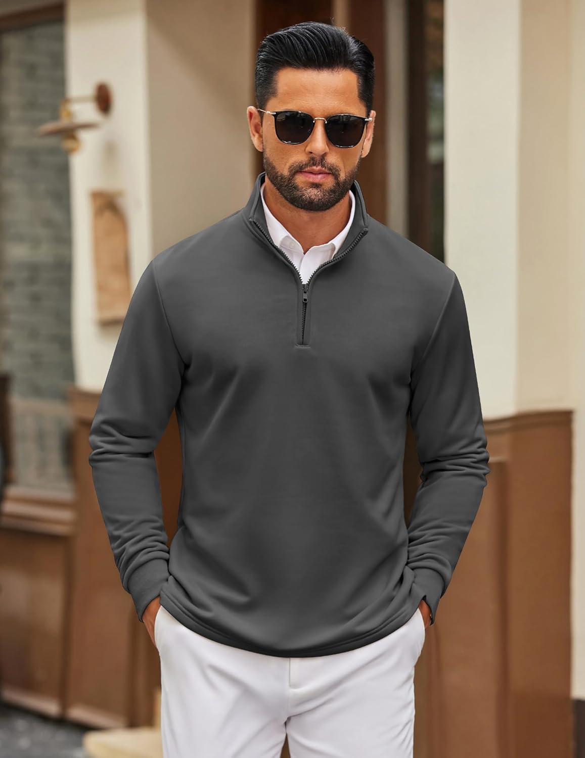 imageCOOFANDY Mens Quarter Zip Pullover Mock Neck Quilted Sweatshirt Lightweight Slim Fit Casual Long Sleeve Polo ShirtDark Grey