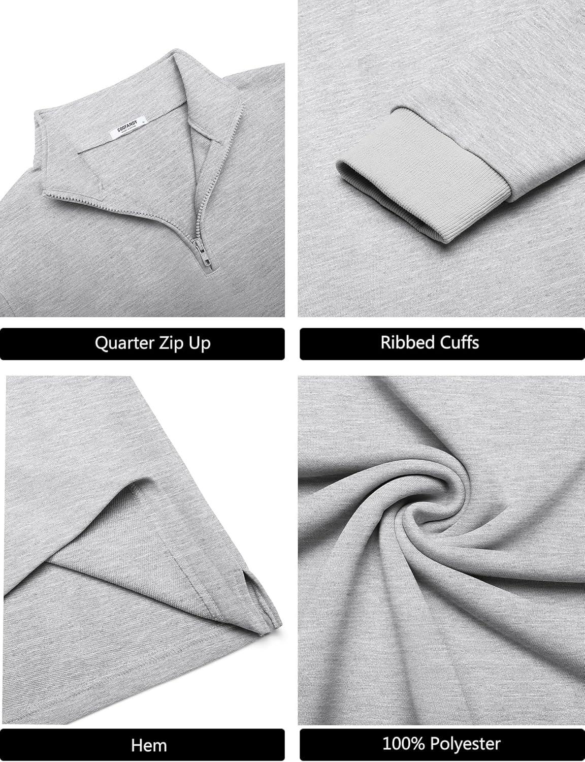 imageCOOFANDY Mens Quarter Zip Pullover Mock Neck Quilted Sweatshirt Lightweight Slim Fit Casual Long Sleeve Polo ShirtLight Grey