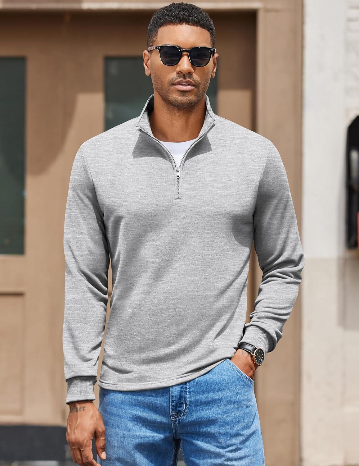 imageCOOFANDY Mens Quarter Zip Pullover Mock Neck Quilted Sweatshirt Lightweight Slim Fit Casual Long Sleeve Polo ShirtLight Grey