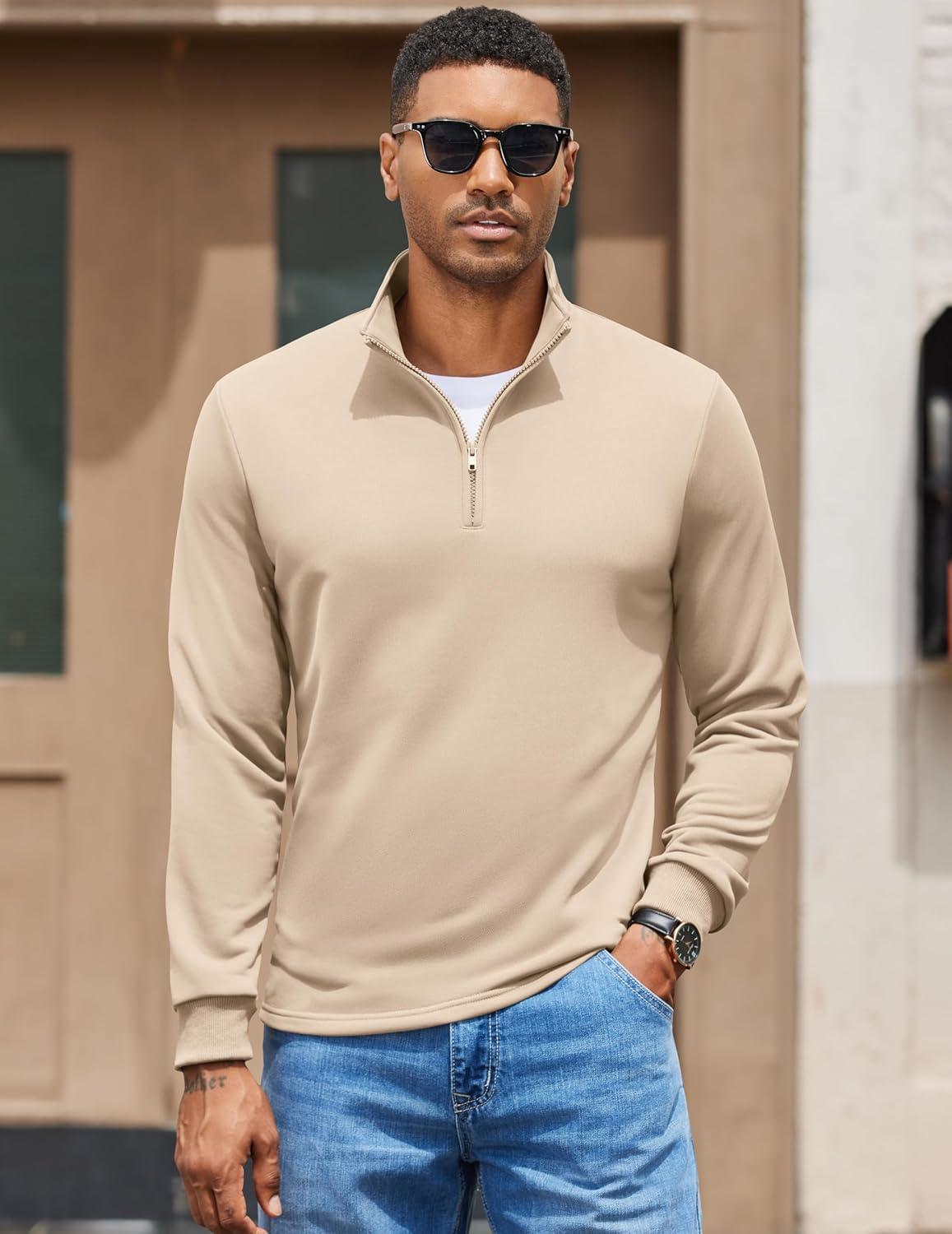 imageCOOFANDY Mens Quarter Zip Pullover Mock Neck Quilted Sweatshirt Lightweight Slim Fit Casual Long Sleeve Polo ShirtLight Khaki